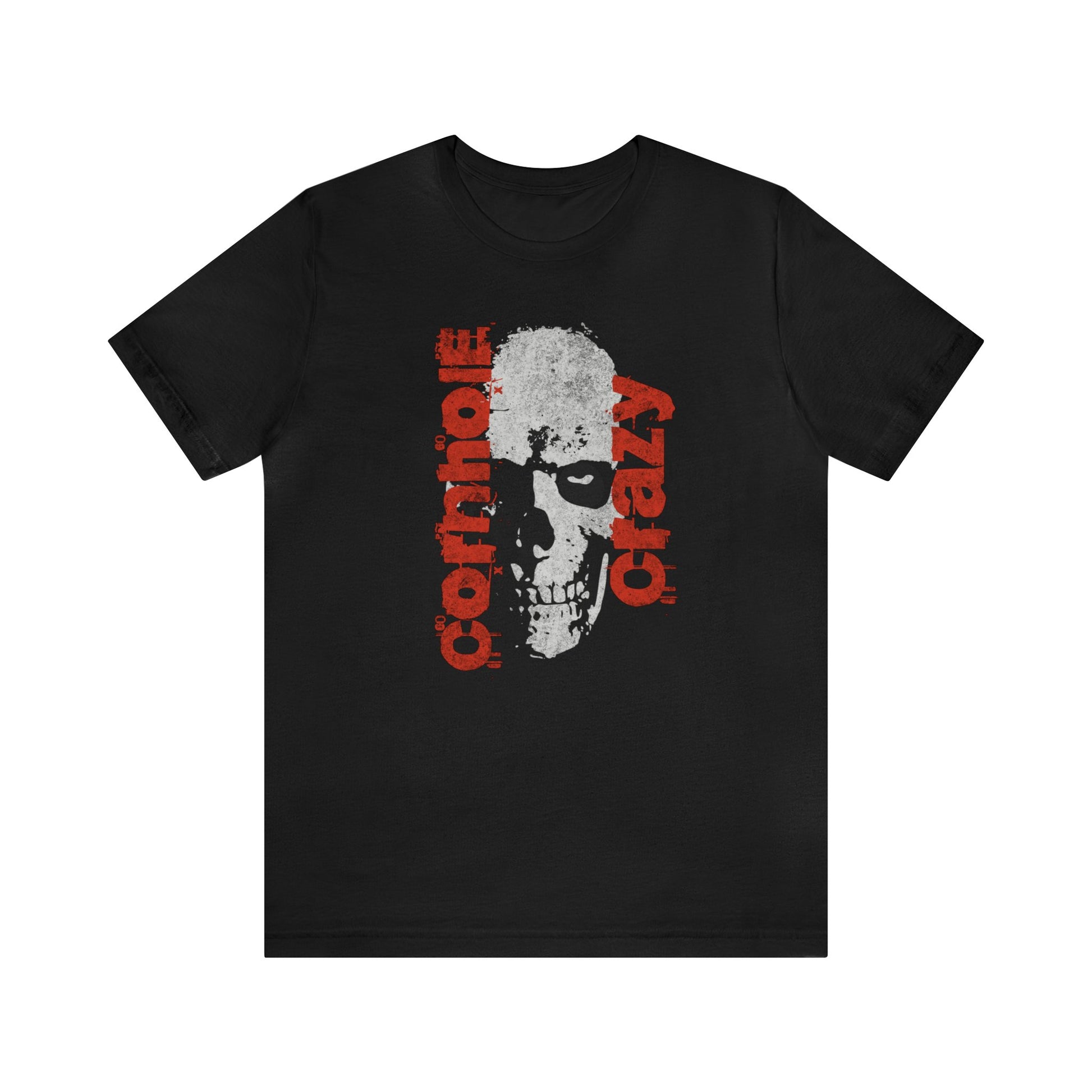 Front of Cornhole Crazy Skull Soft Cotton Bella Canvas Black Tee Cornhole T-Shirt (Unisex)