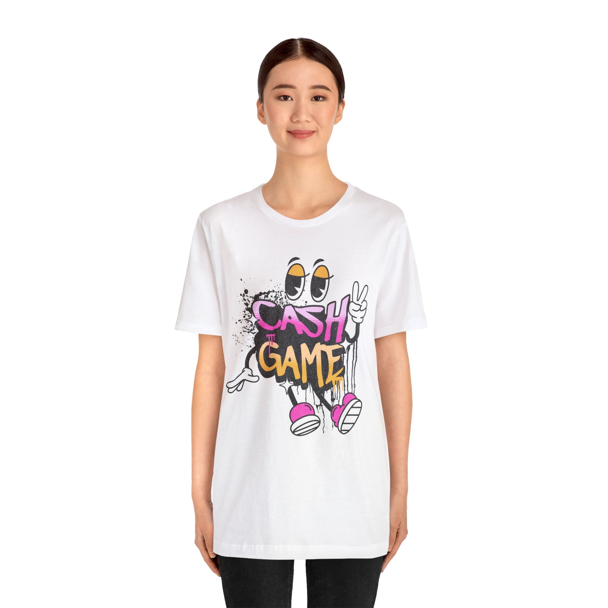 Girl wearing WHITE Cash Game Character Graphic Soft Cotton Bella Canvas Tee Cornhole T-Shirt (Unisex)