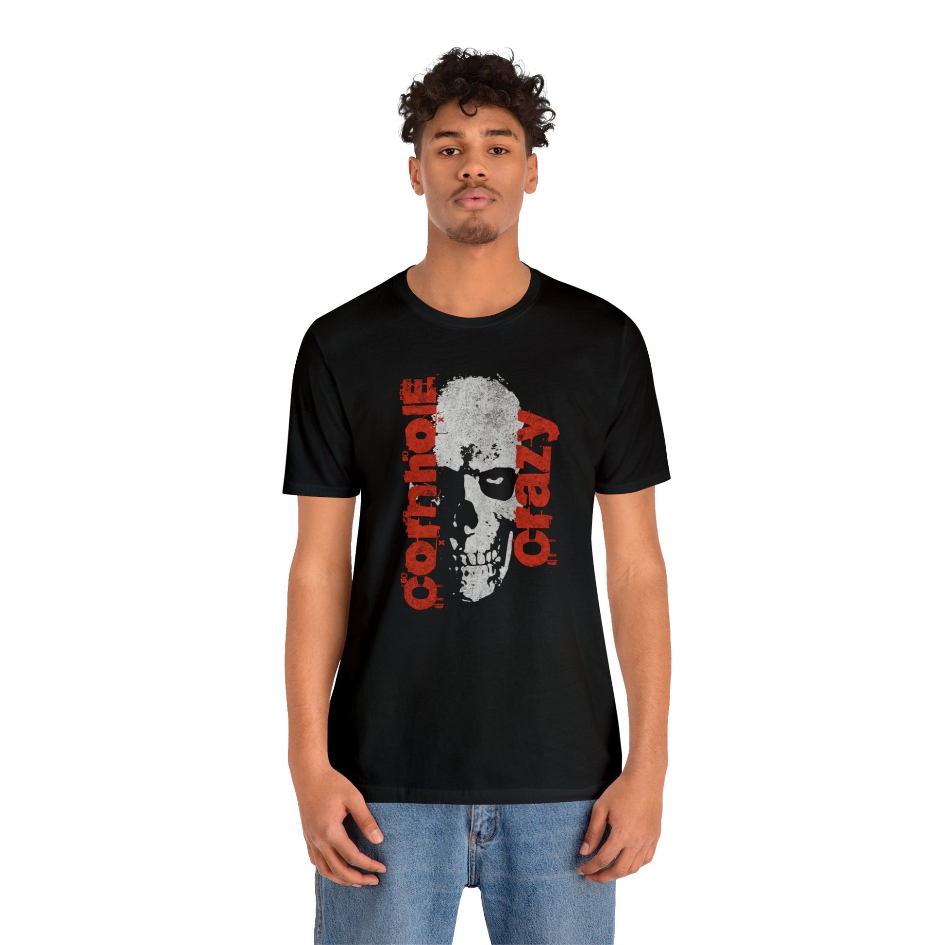 Boy wearing Cornhole Crazy Skull Soft Cotton Bella Canvas Black Tee Cornhole T-Shirt (Unisex)