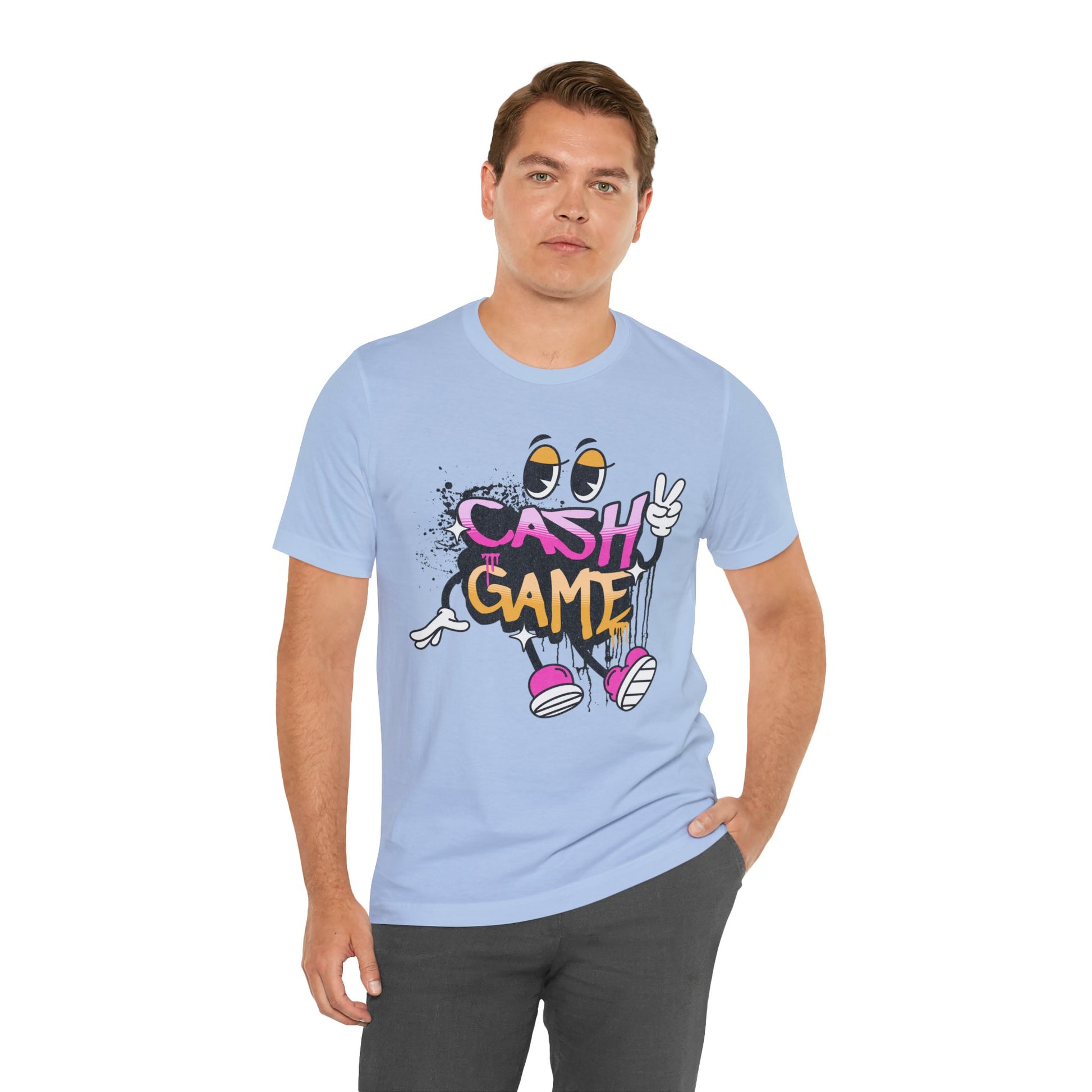 Boy wearing BABY BLUE Cash Game Character Graphic Soft Cotton Bella Canvas Tee Cornhole T-Shirt (Unisex)