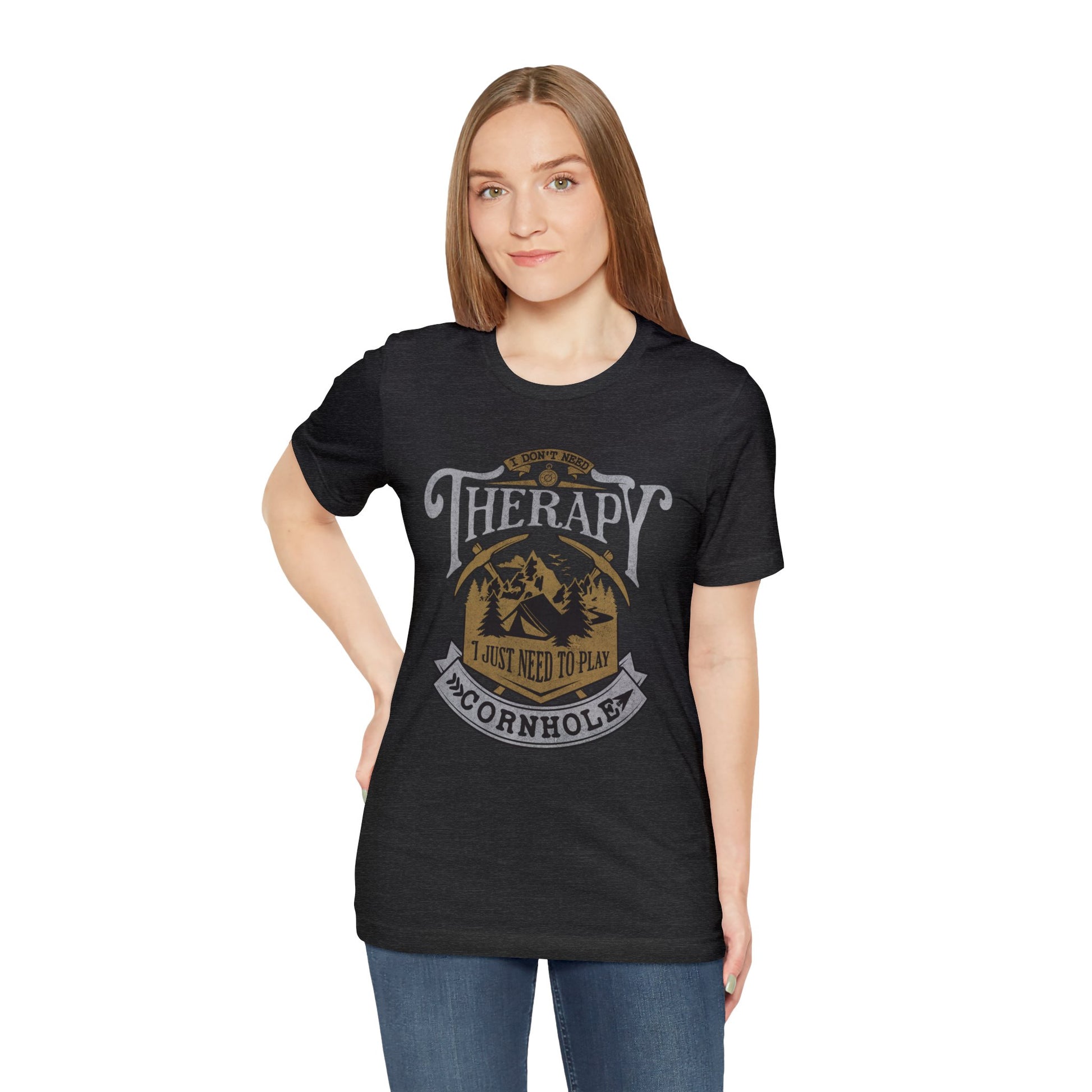 Woman wearing DARK HEATHER GREY I Don't Need Therapy I Just Need To Play Cornhole, Camping Tee, Outdoor Cornhole Lover, Soft Bella Canvas T-Shirt