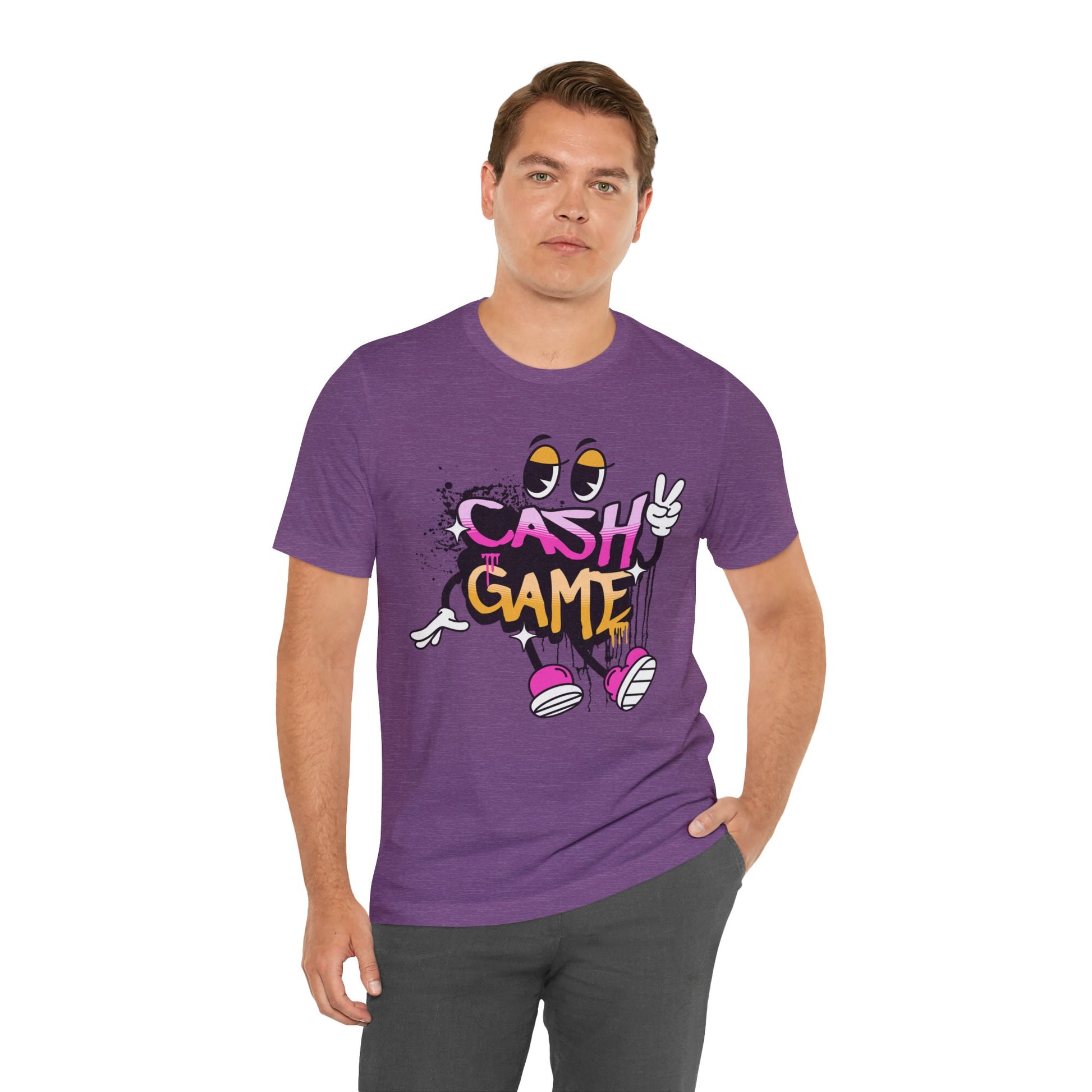Boy wearing HEATHER PURPLE Cash Game Character Graphic Soft Cotton Bella Canvas Tee Cornhole T-Shirt (Unisex)