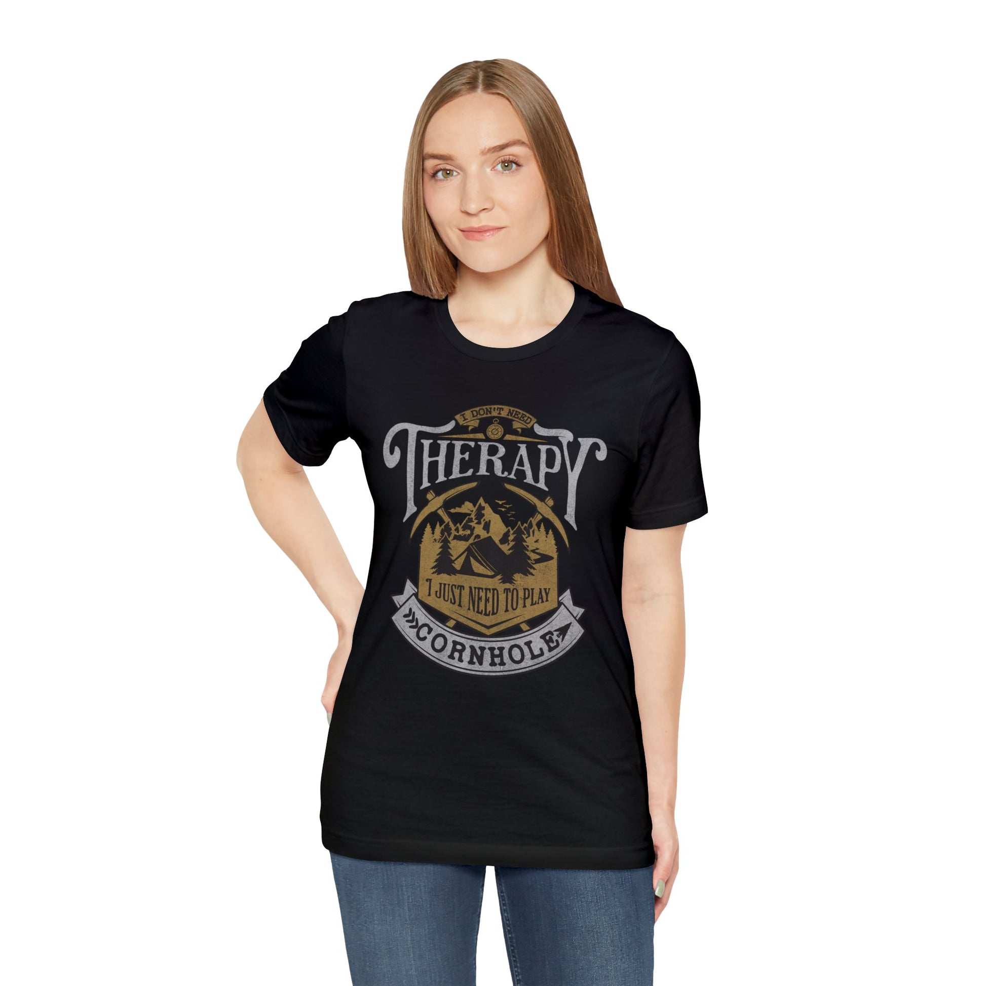 Woman wearing BLACK I Don't Need Therapy I Just Need To Play Cornhole, Camping Tee, Outdoor Cornhole Lover, Soft Bella Canvas T-Shirt