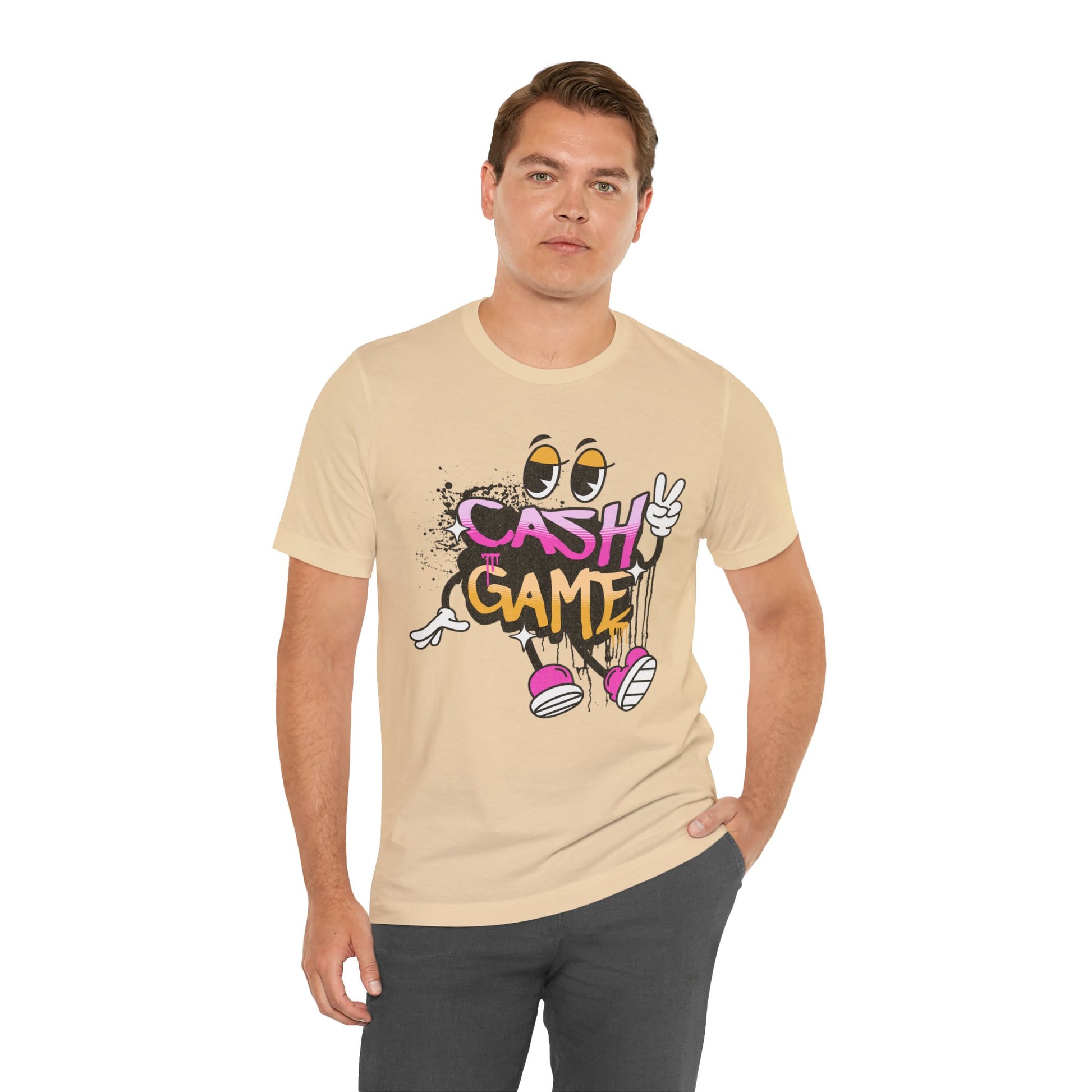 Boy wearing SOFT CREAM Cash Game Character Graphic Soft Cotton Bella Canvas Tee Cornhole T-Shirt (Unisex)