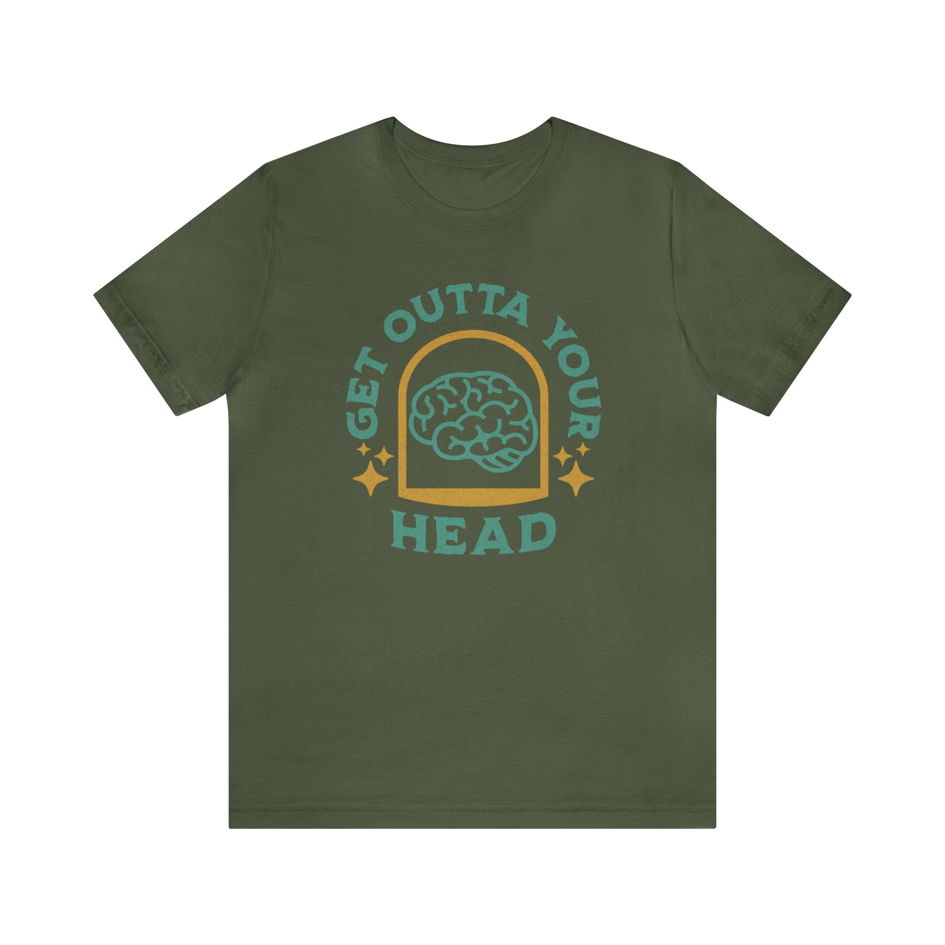 Front of the Get Outta Your Head Military Green Soft Cotton Bella Canvas Tee Cornhole T-Shirt (Unisex)