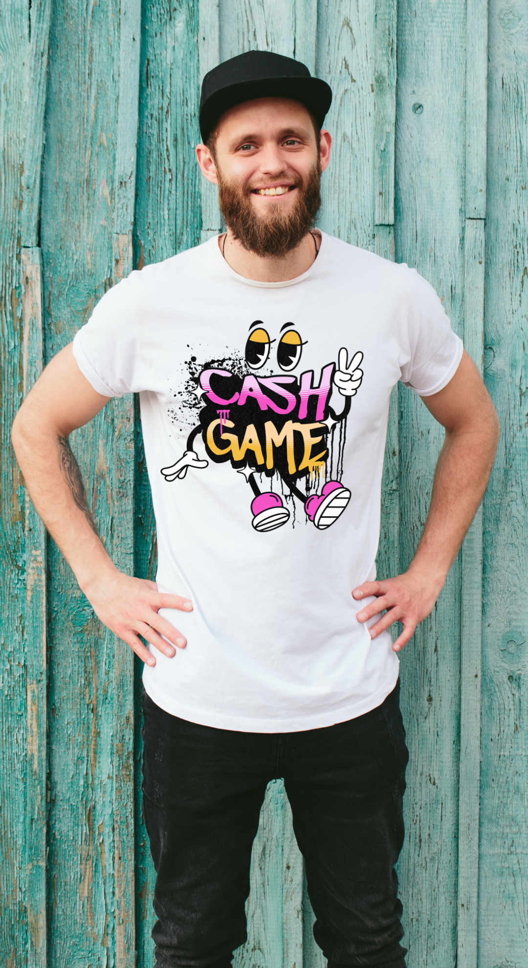Man in cap wearing Cash Game Character Graphic Soft Cotton Bella Canvas Tee Cornhole T-Shirt (Unisex)