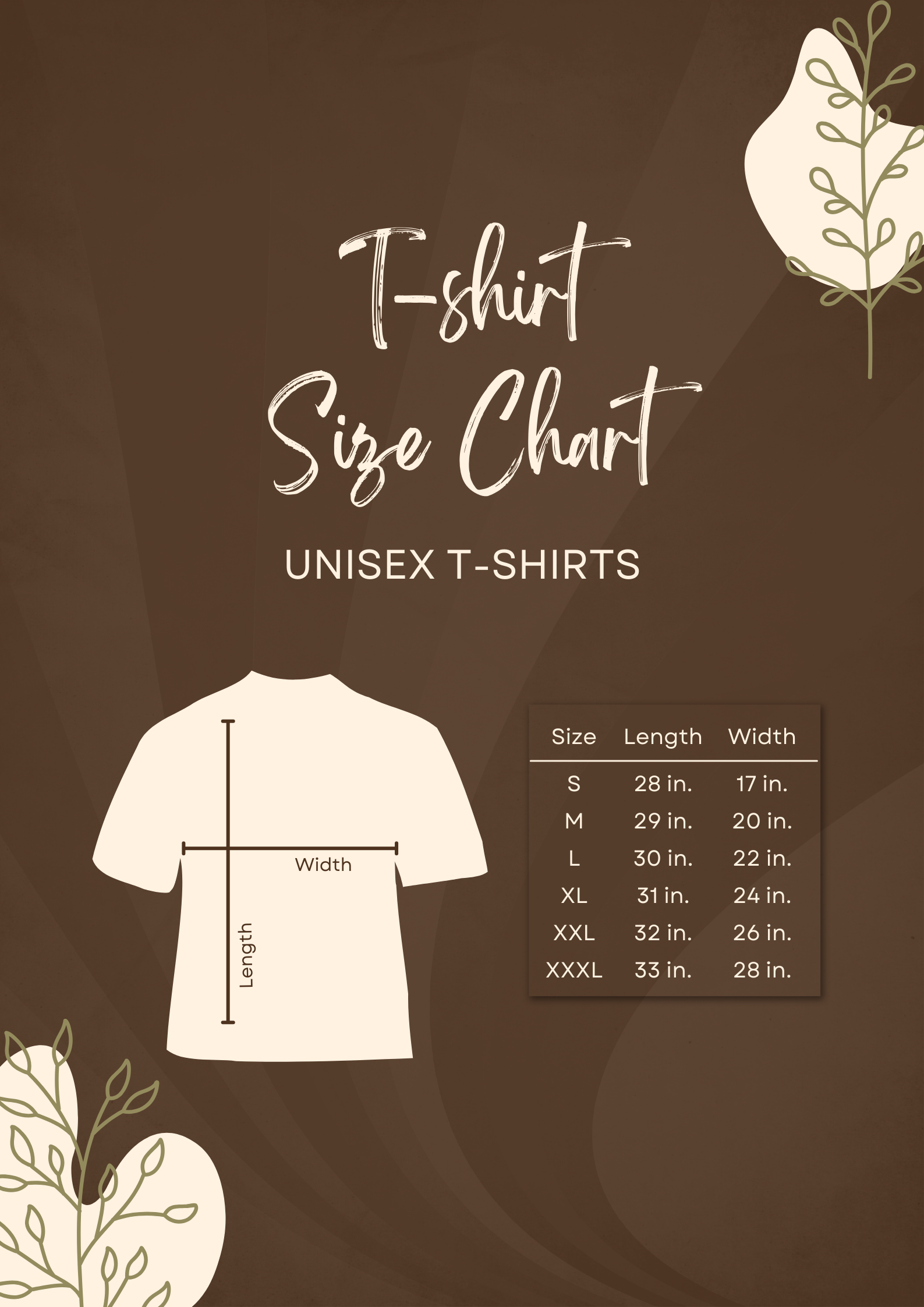 T-shirt Size Chart for Gift giving
