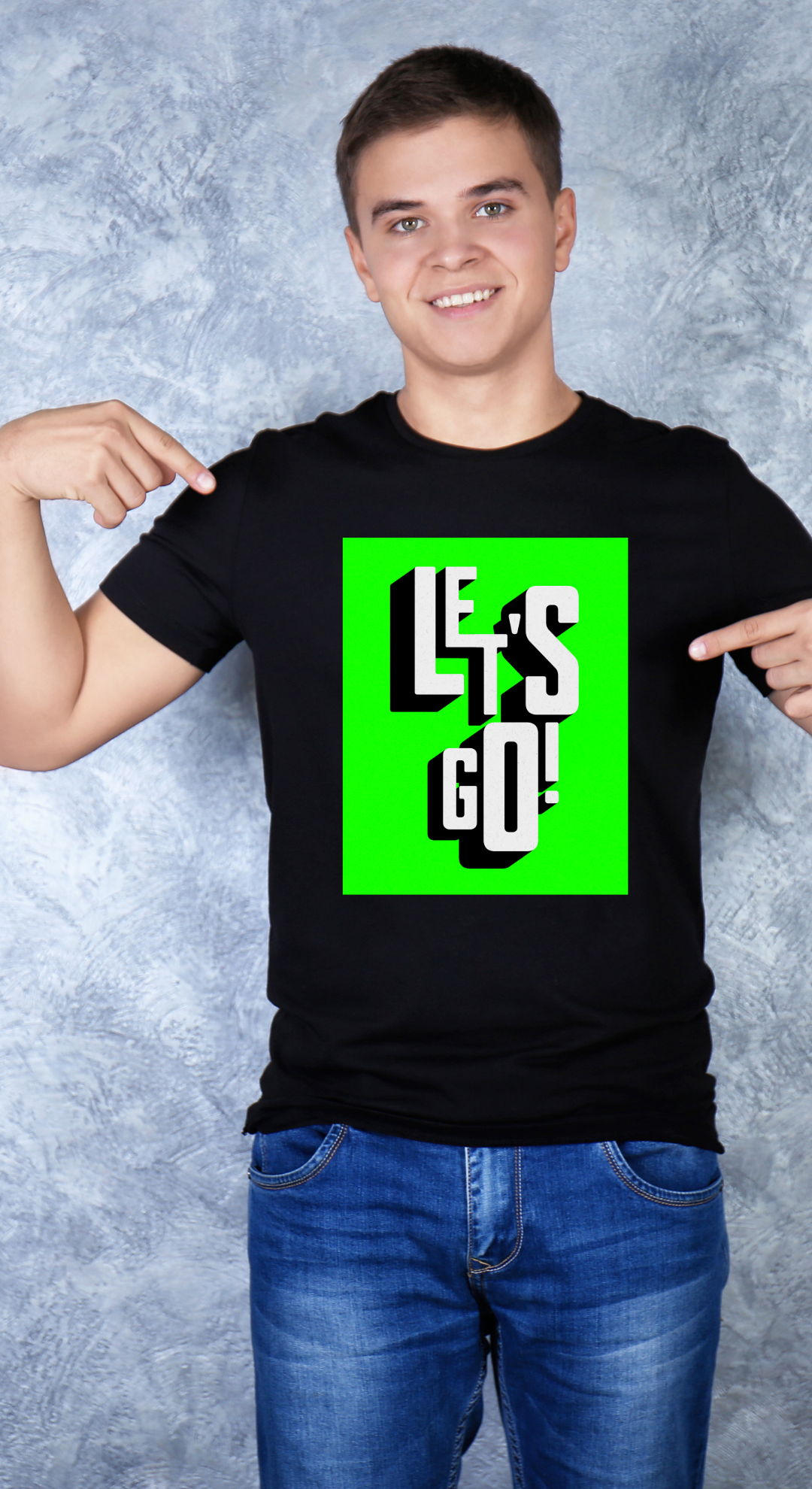 Boy pointing to his Let's Go Neon Green Graphic Soft Cotton Bella Canvas Tee Cornhole T-Shirt (Unisex)