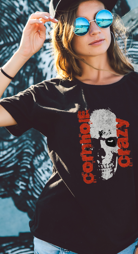 Woman in sunglasses wearing Cornhole Crazy Skull Soft Cotton Bella Canvas Black Tee Cornhole T-Shirt (Unisex)
