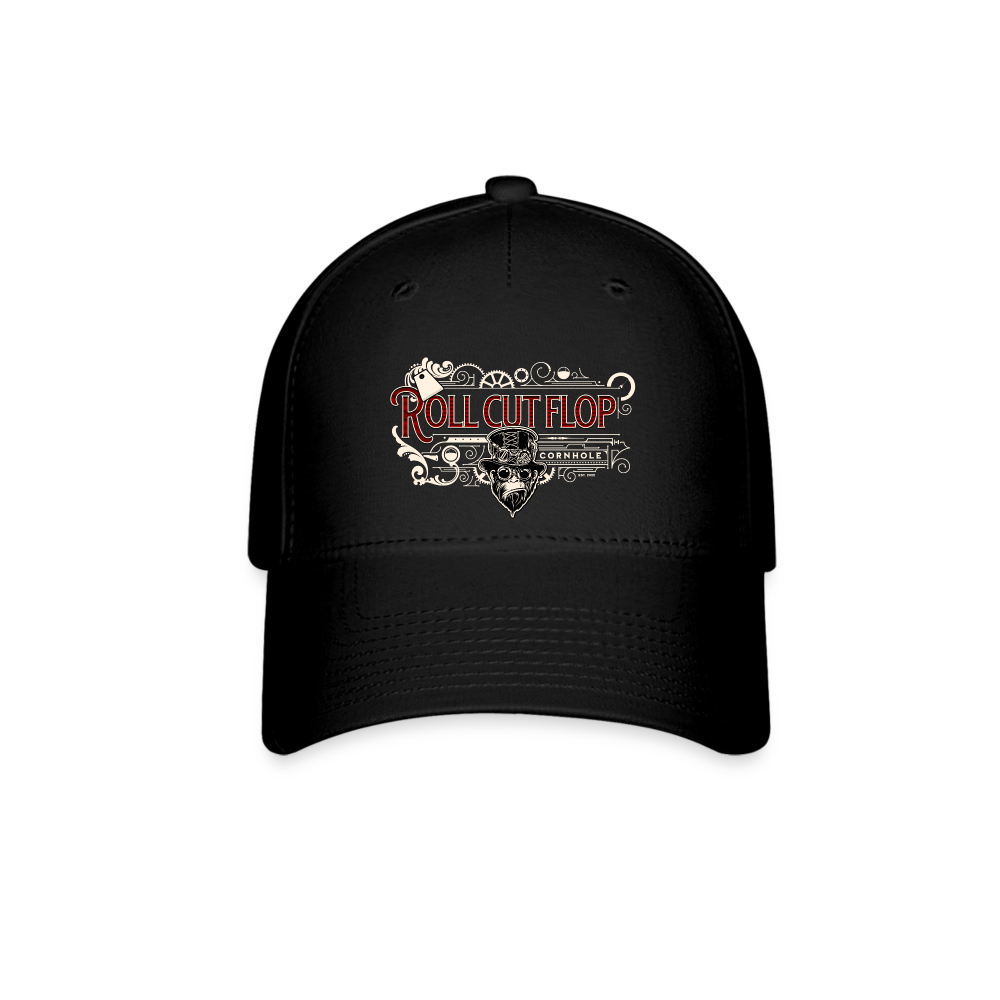 Roll Cut Flop Cornhole™ Crew Unisex Black Baseball Hat With Signature Steampunk Red Logo - black