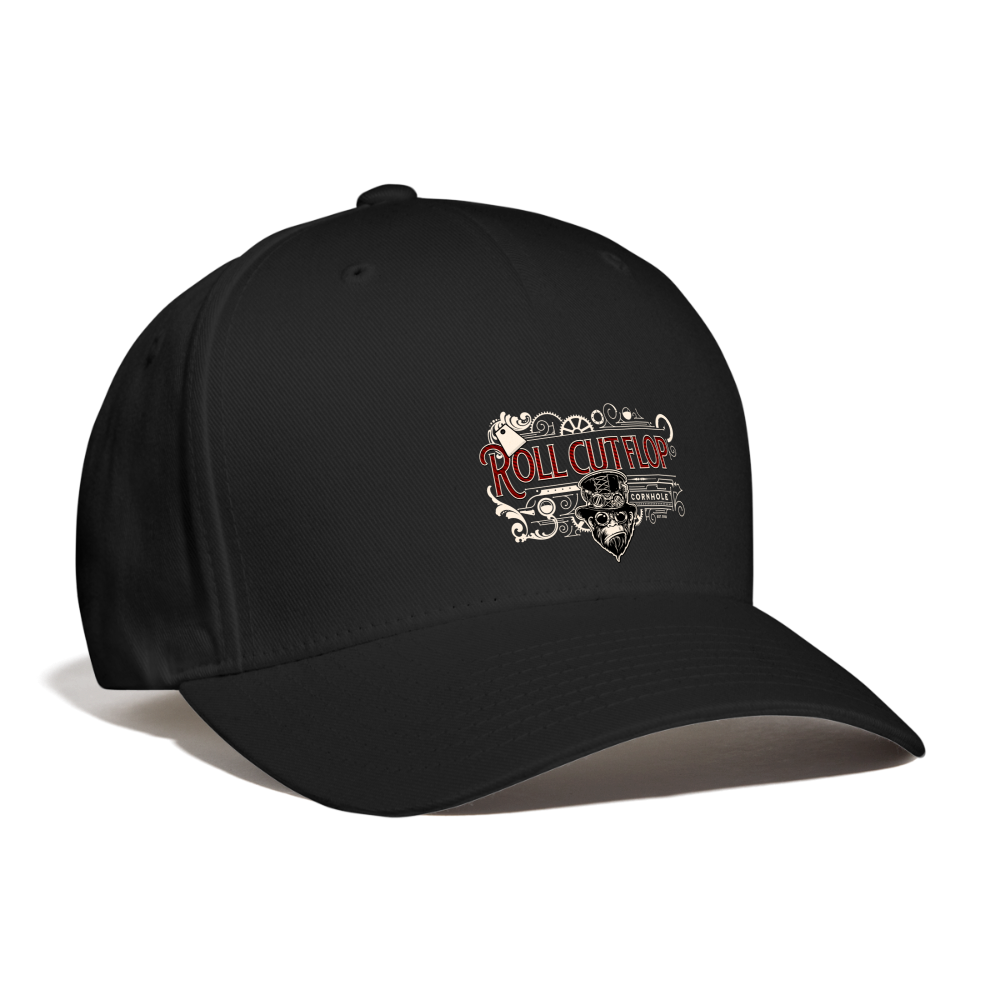 Right angle view - Roll Cut Flop Cornhole™ Crew Unisex Black Baseball Hat With Signature Steampunk Red Logo - black