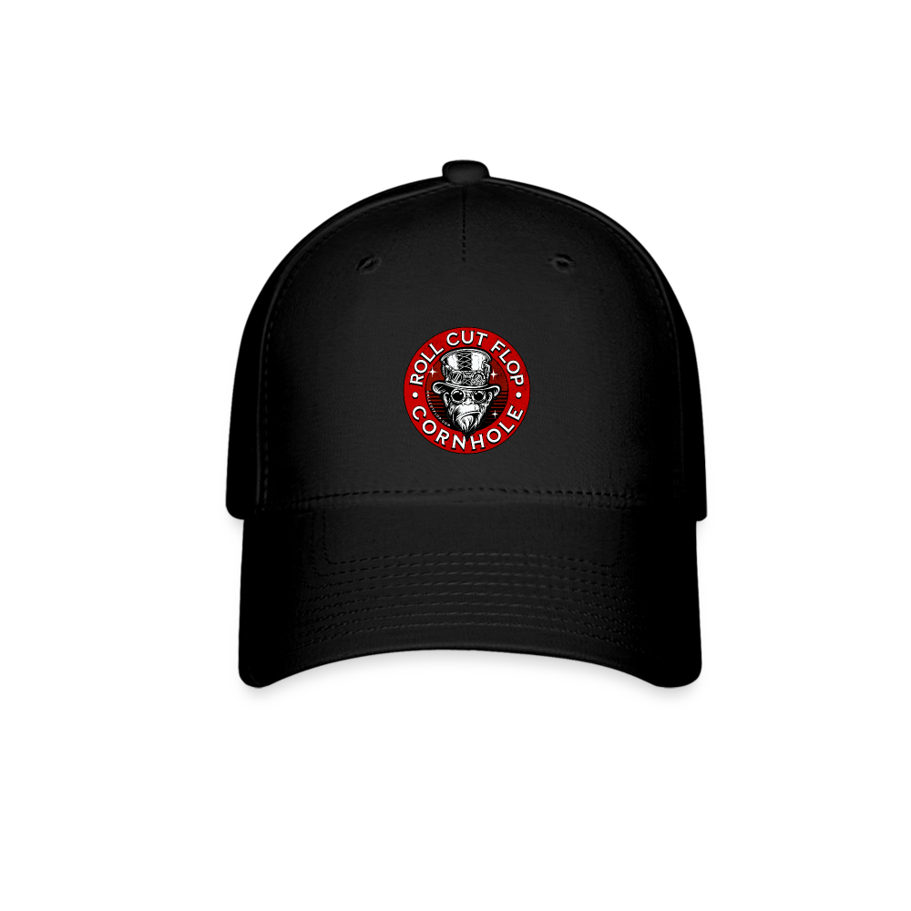 Front View - Roll Cut Flop Cornhole™ Crew Unisex Black Baseball Hat With Signature Steampunk Gorilla Logo - black