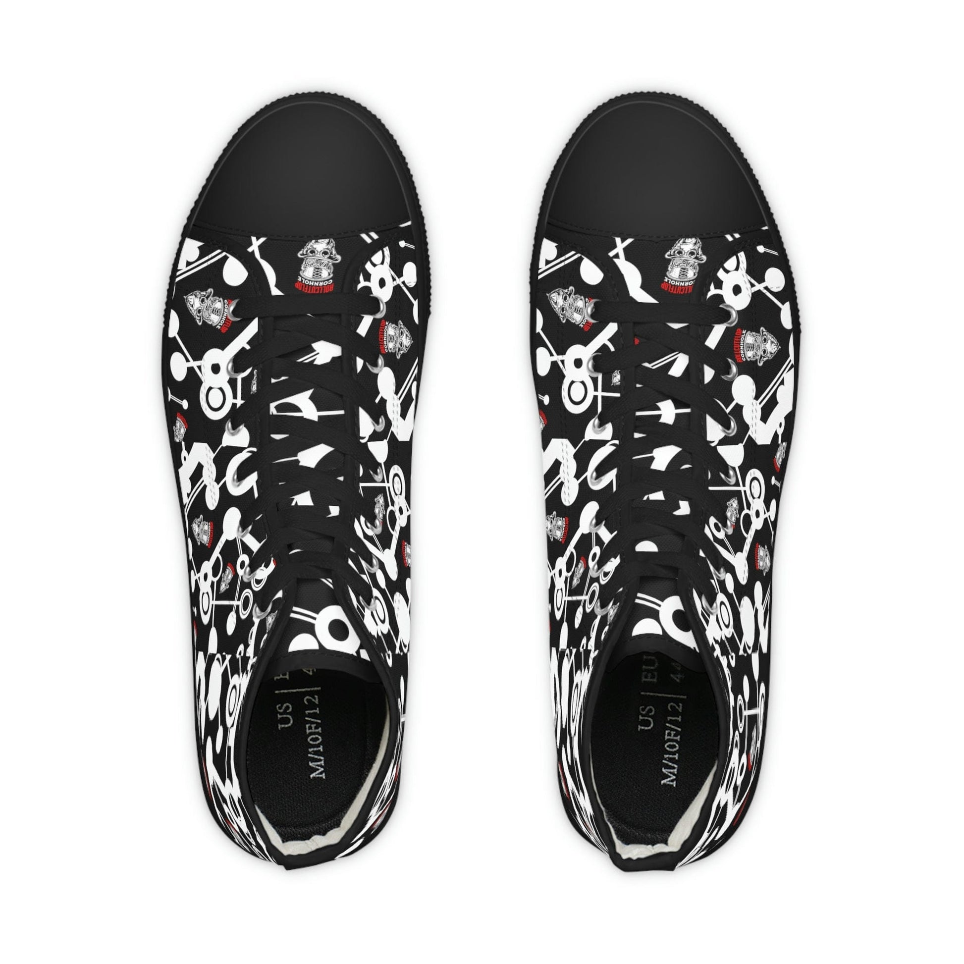 Top of Roll Cut Flop Cornhole™ All Over Print Black, Red & White Men's High Top Sneakers - Steampunk Gorilla Logo with White Gear Print