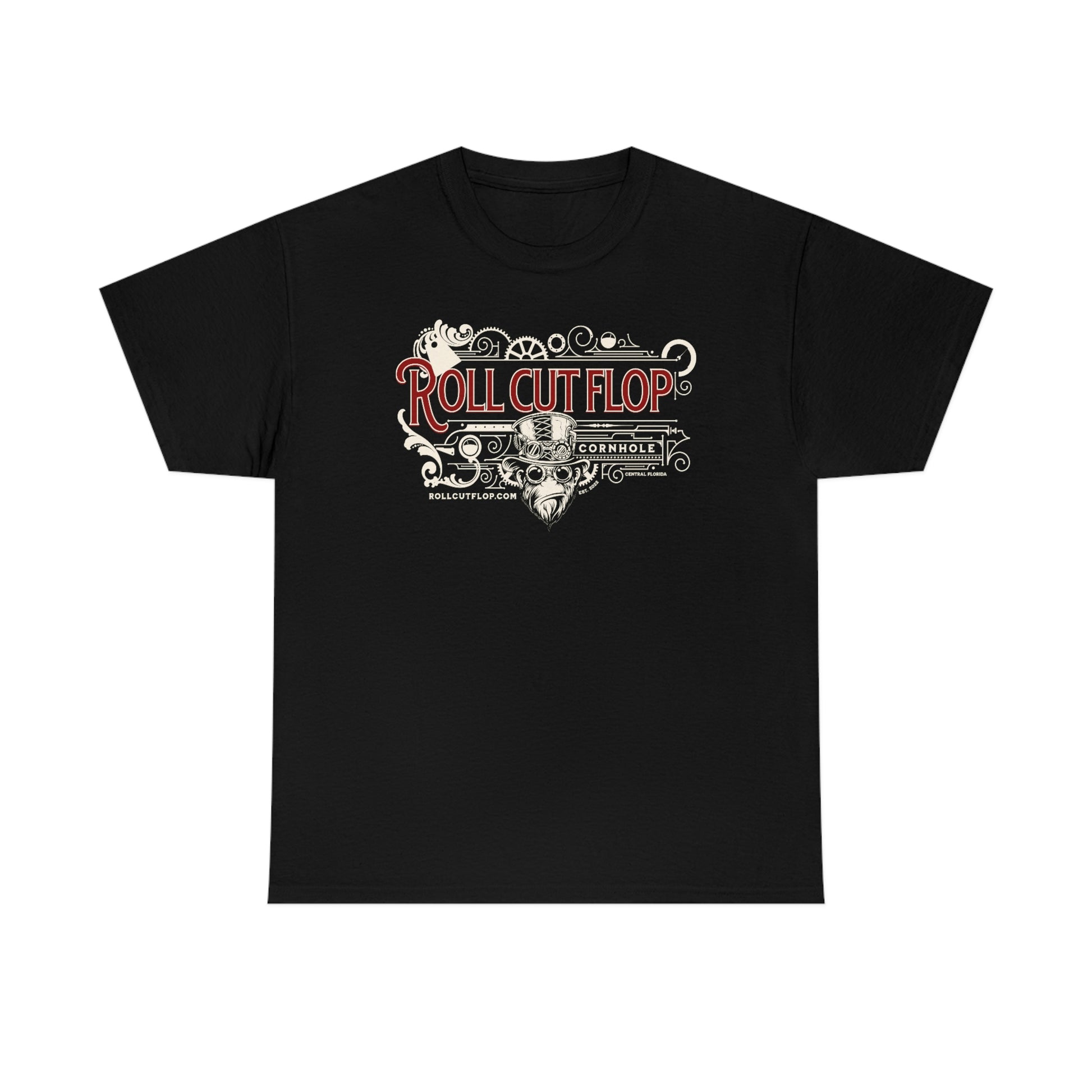 Roll Cut Flop Cornhole™ Unisex Black T-shirt - Steampunk Vintage Red Scroll