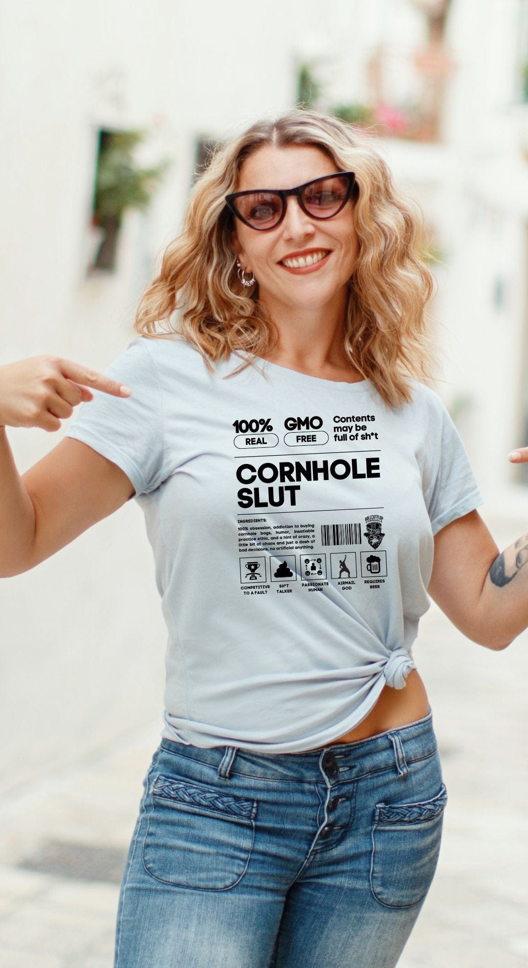 WCornhole Slut Unisex Jersey White Tee - Cornhole Obsession Label & Roll Cut Flop Cornhole Barcodeoman in sunglasses wearing a 