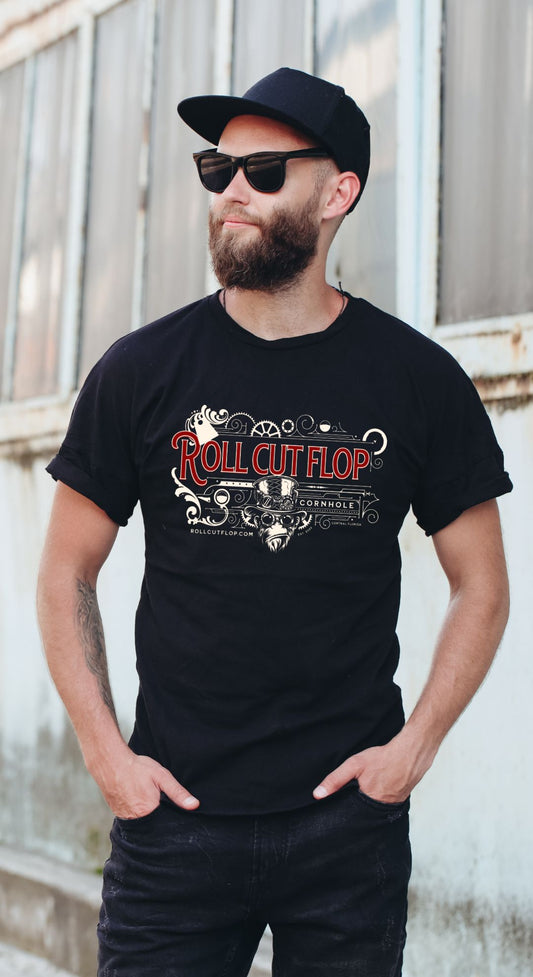 Man in sunglasses and hat wearing Roll Cut Flop Cornhole™ Unisex Black T-shirt - Steampunk Vintage Red Scroll