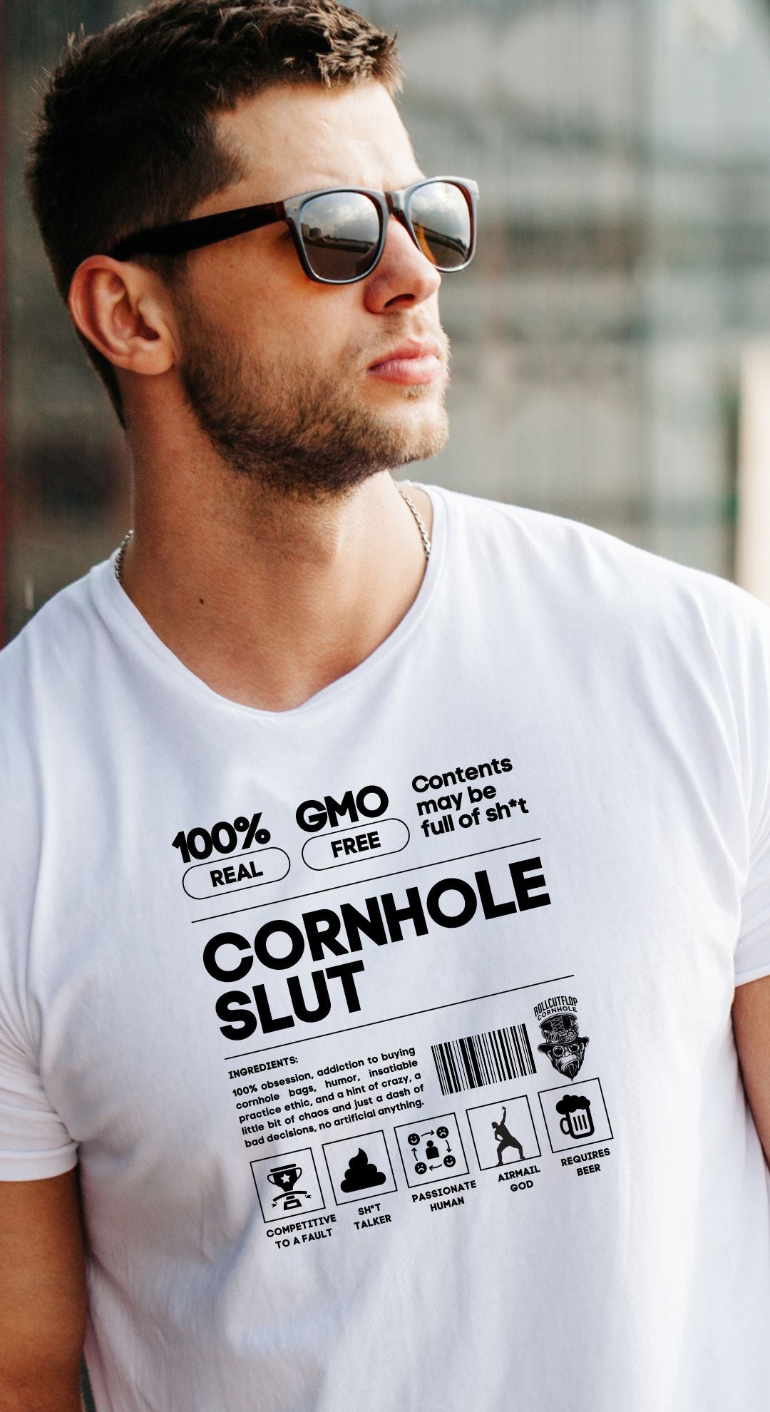 Man in sunglasses wearing a Cornhole Slut Unisex Jersey White Tee - Cornhole Obsession Label & Roll Cut Flop Cornhole Barcode