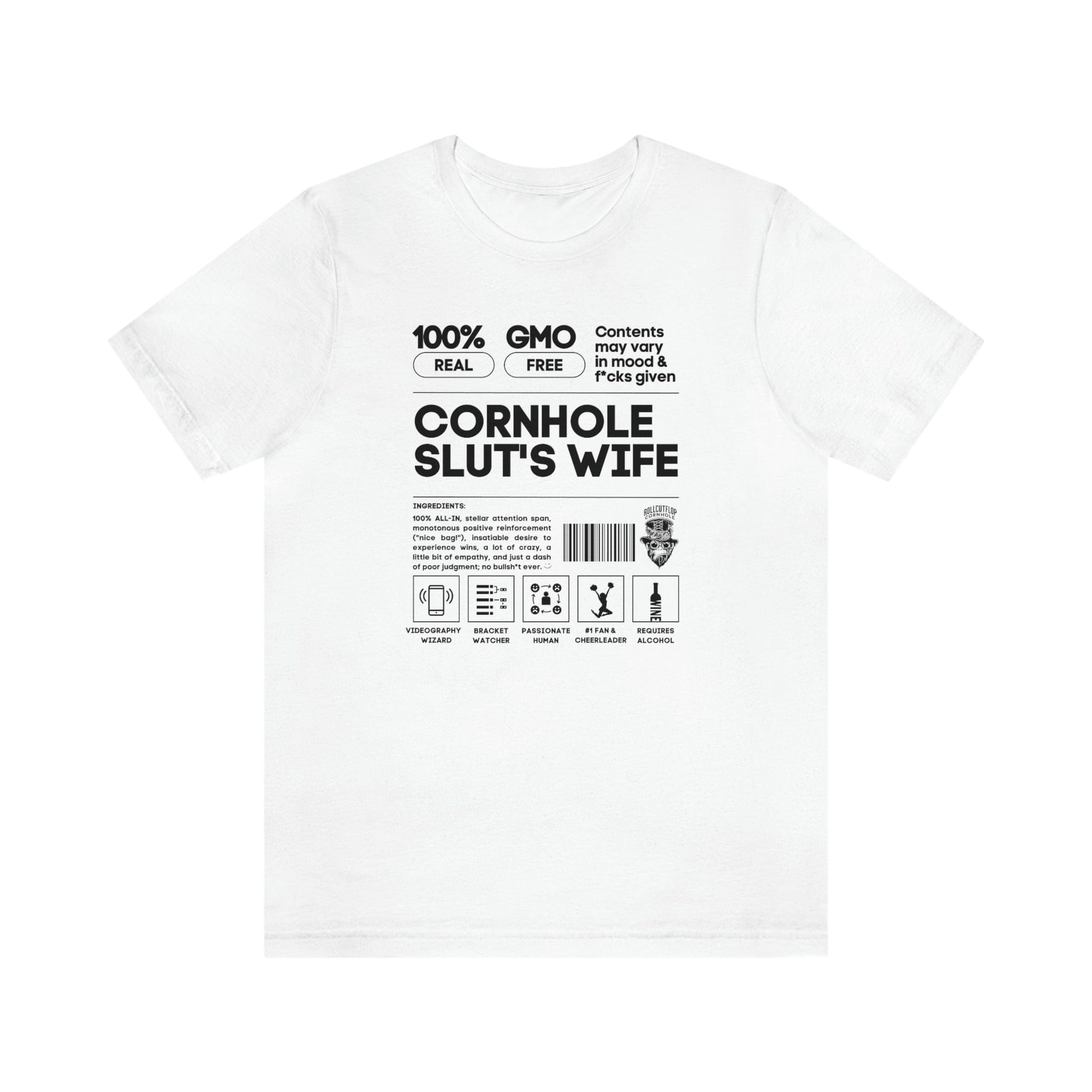 Cornhole Slut's Wife™ Unisex Jersey White T-shirt - Cornhole Supporter Label & Roll Cut Flop Cornhole Barcode (Six colors!)
