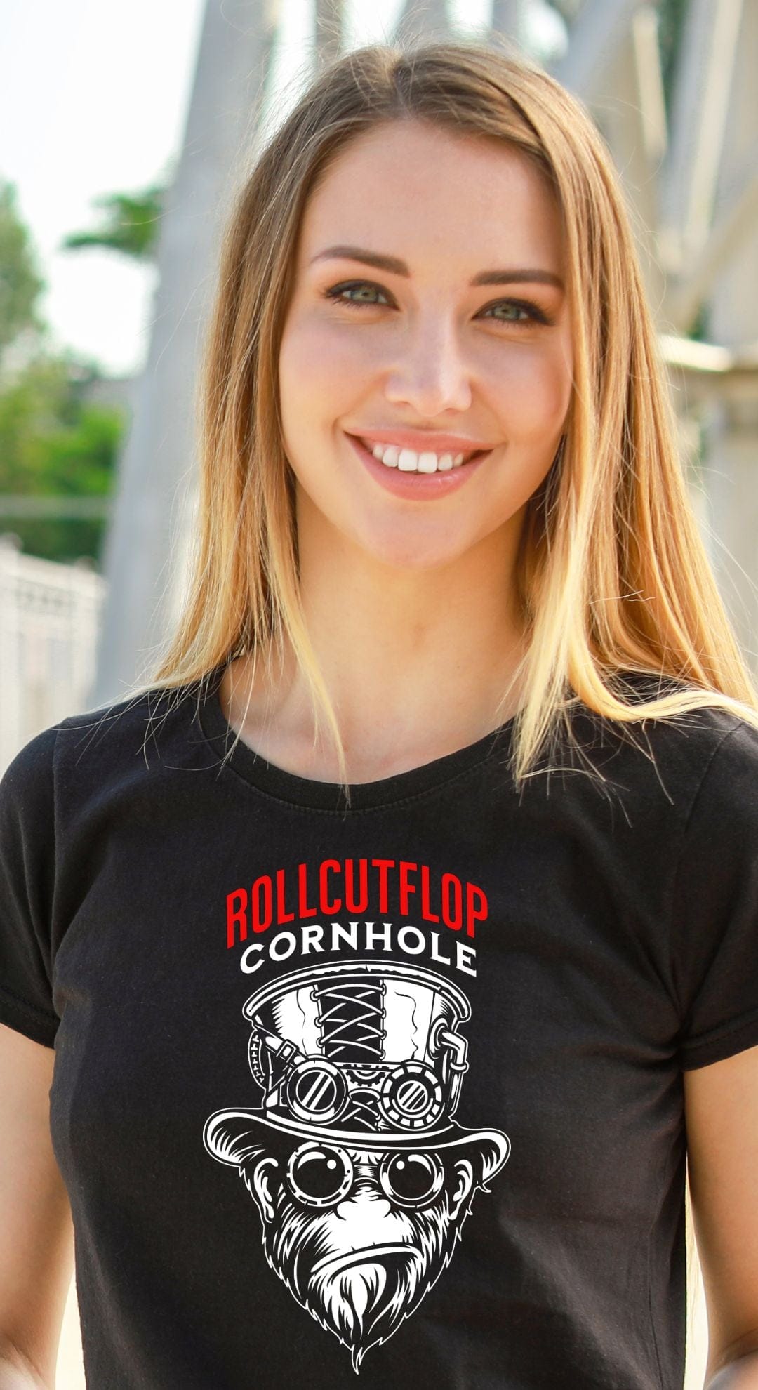 Woman wearing Roll Cut Flop Cornhole™ Unisex Black T-shirt - Steampunk Gorilla Face & Gears
