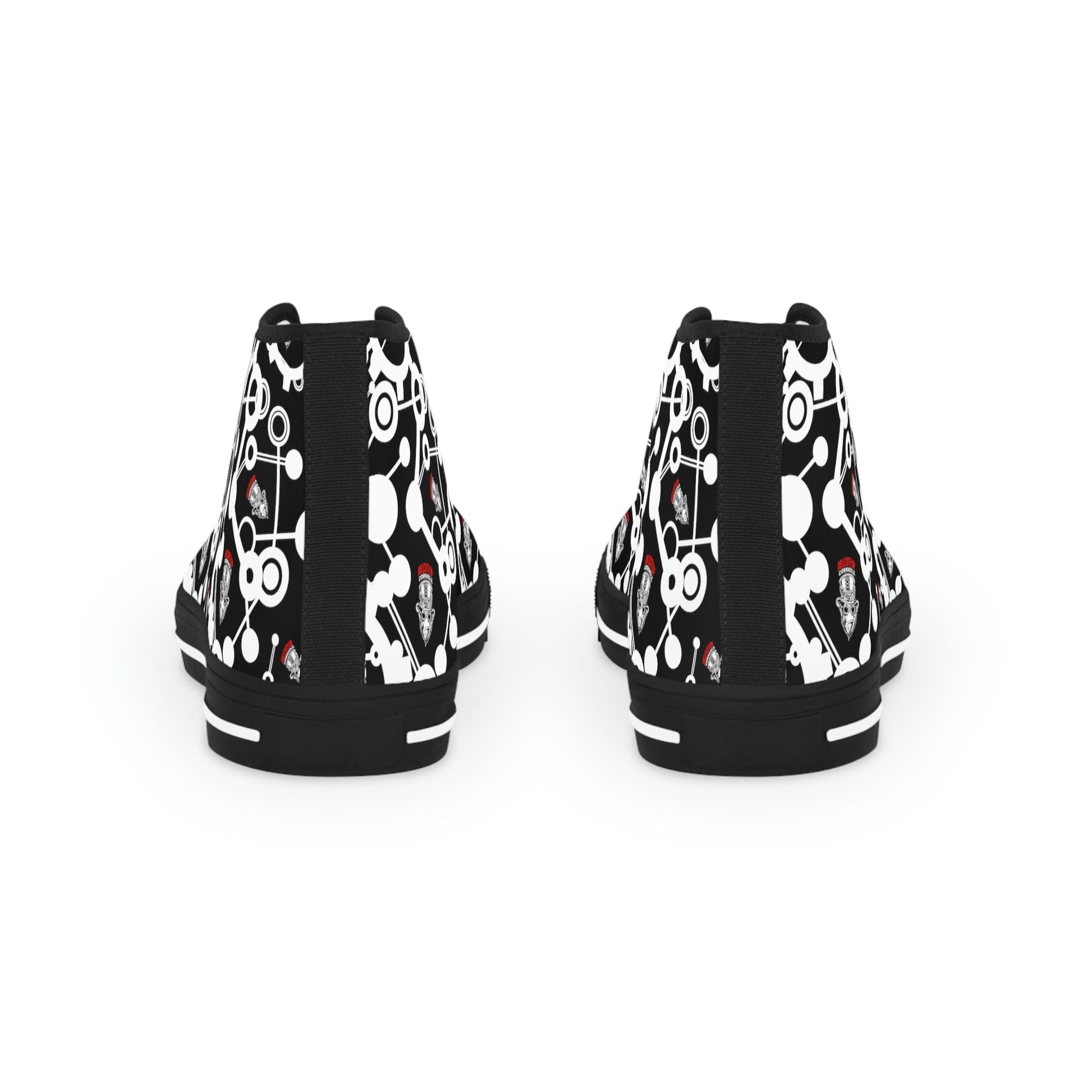Back of Roll Cut Flop Cornhole™ All Over Print Black, Red & White Men's High Top Sneakers - Steampunk Gorilla Logo with White Gear Print