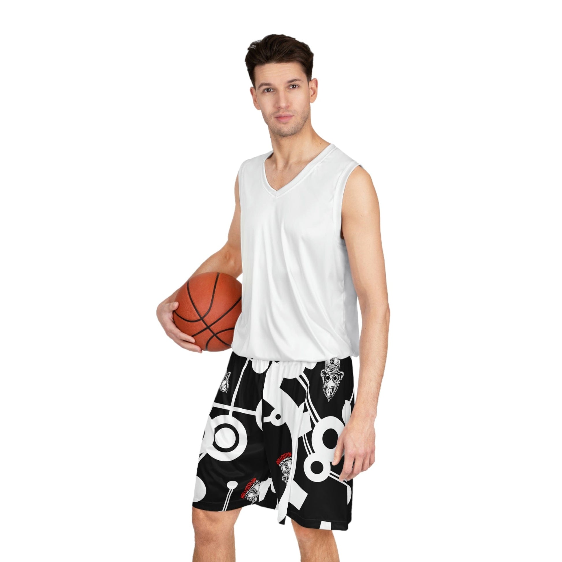 Roll Cut Flop™ All Over Print Black, Red & White Basketball Shorts - Steampunk Gorilla Logo with White Gear Print - Man wearing shorts (and white tank)