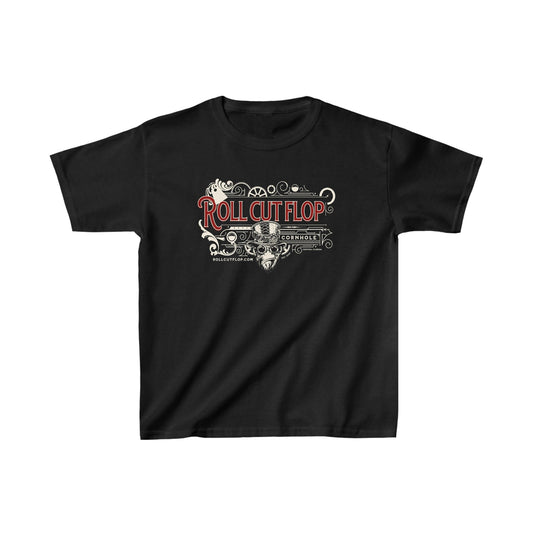 Roll Cut Flop Cornhole™  Kids Black T-shirt - Steampunk Vintage Red Scroll
