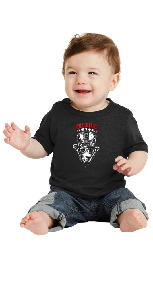 Baby wearing Roll Cut Flop Cornhole™ Little Infant Black T-shirt - Steampunk Gorilla Face & Gears