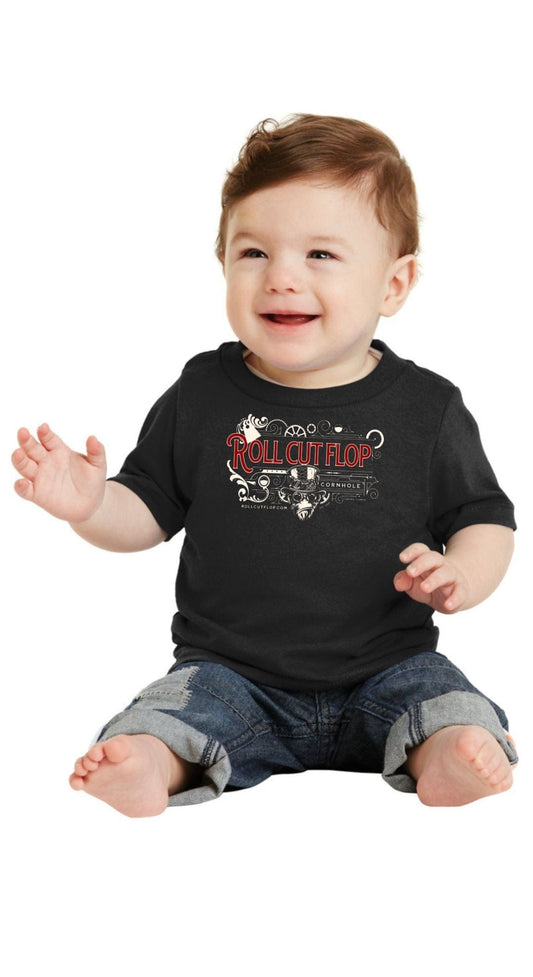 Baby wearing Roll Cut Flop Cornhole™ Little Infant Black T-shirt - Steampunk Vintage Red Scroll 