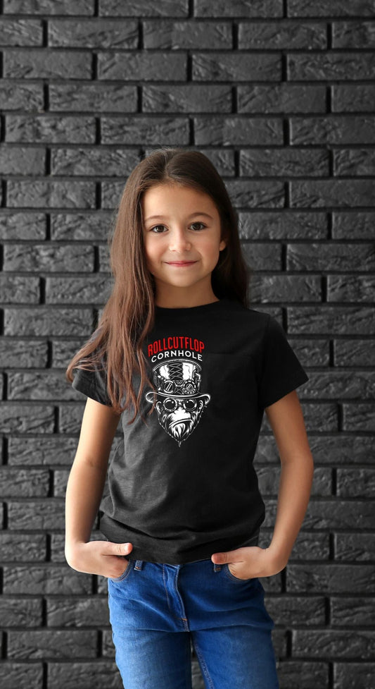 Girl wearing Roll Cut Flop Cornhole™ Kid's Black T-shirt - Steampunk Gorilla Face & Gears