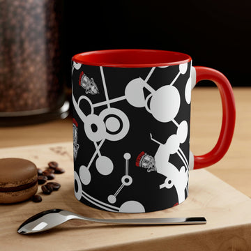 Roll Cut Flop Cornhole™ Red White & Black Ceramic Coffee Mug, 11oz on counter with spoon