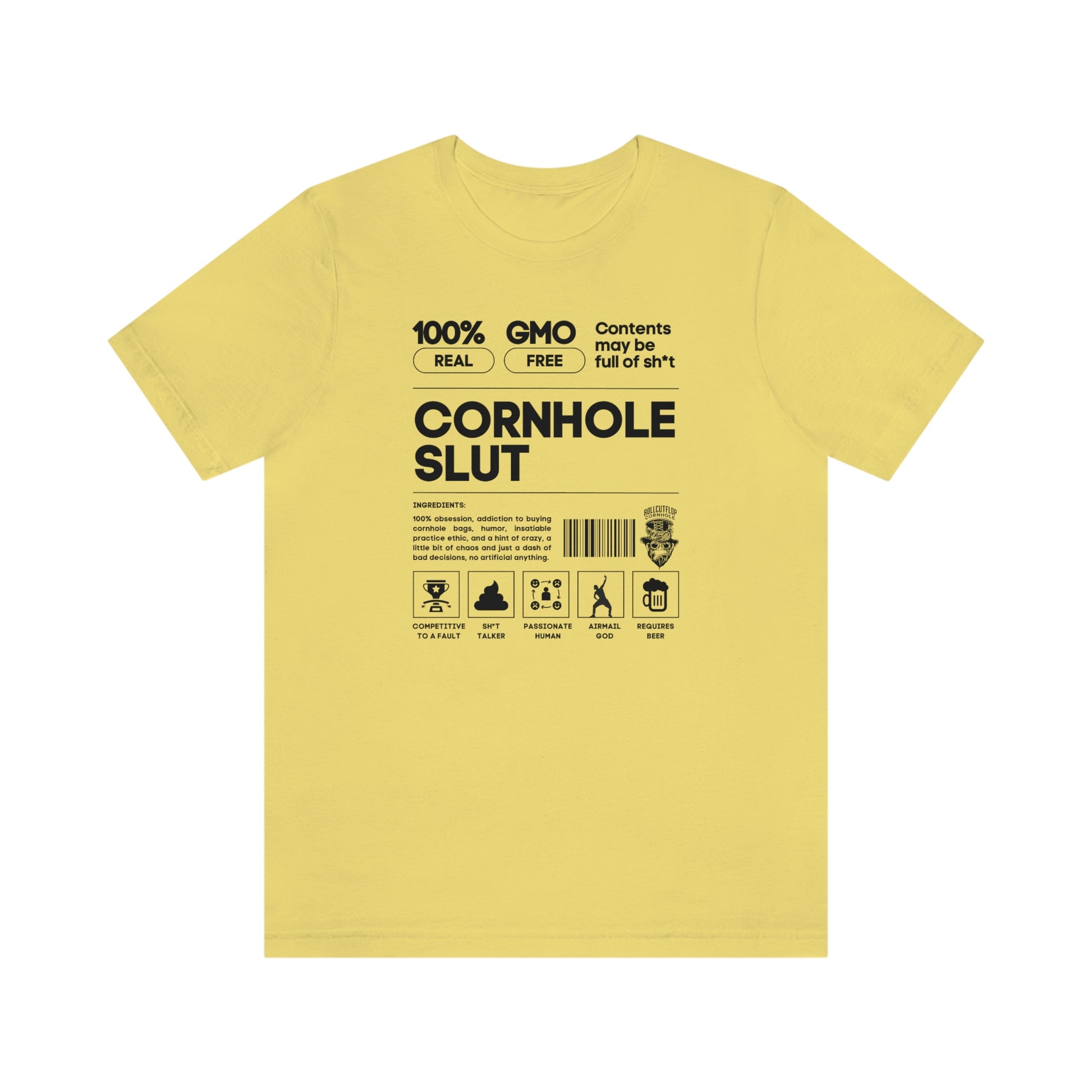 Cornhole Slut Unisex Jersey Yellow Tee - Cornhole Obsession Label & Roll Cut Flop Cornhole Barcode
