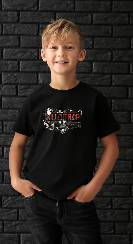 Boy wearing Roll Cut Flop Cornhole™  Kids Black T-shirt - Steampunk Vintage Red Scroll