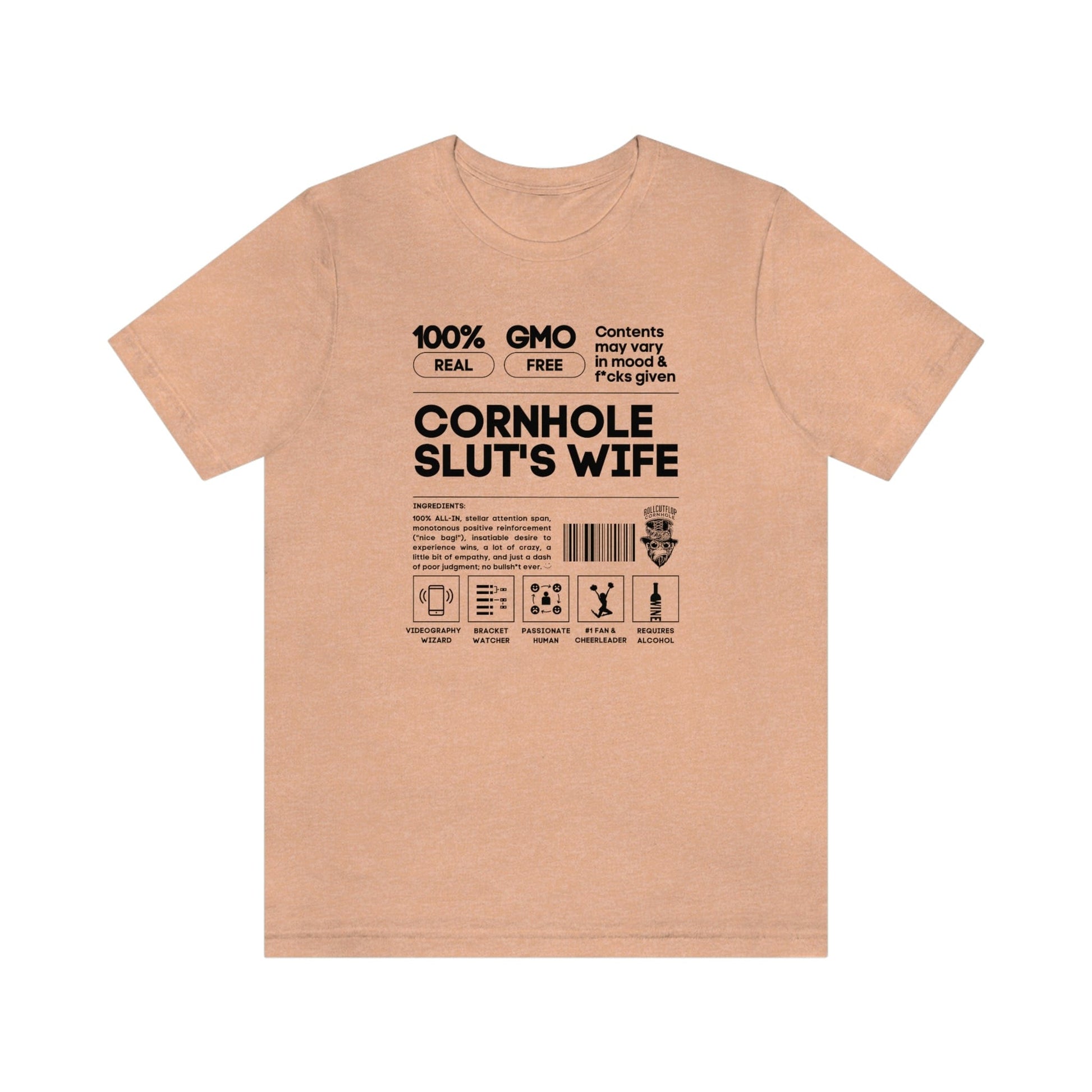 Cornhole Slut's Wife™ Unisex Jersey Heather Peach T-shirt - Cornhole Supporter Label & Roll Cut Flop Cornhole Barcode (Six colors!)