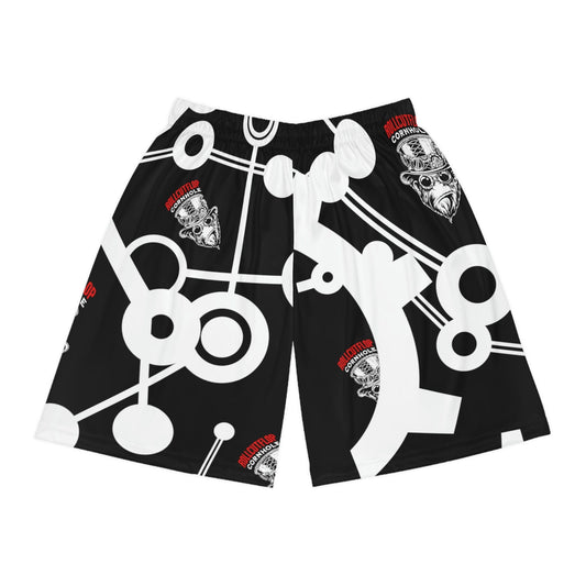 Roll Cut Flop™ All Over Print Black, Red & White Basketball Shorts - Steampunk Gorilla Logo with White Gear Print - Front view