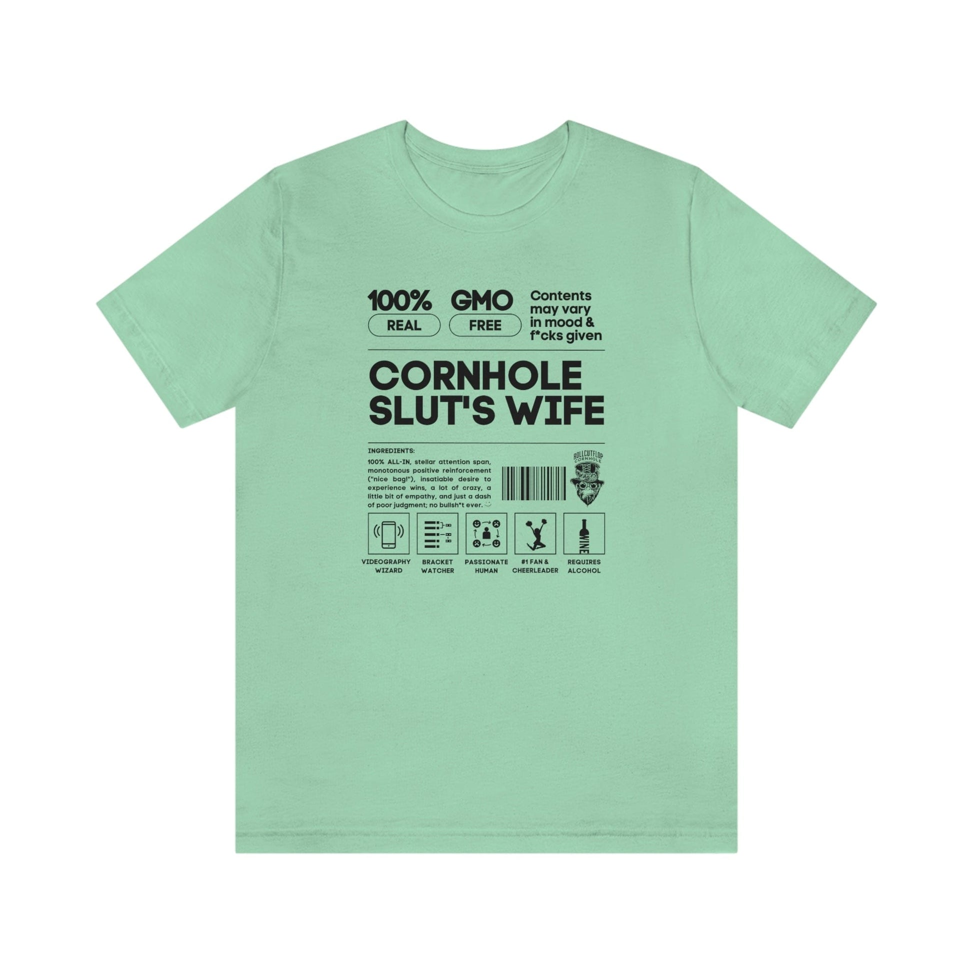 Cornhole Slut's Wife™ Unisex Jersey Mint Green T-shirt - Cornhole Supporter Label & Roll Cut Flop Cornhole Barcode (Six colors!)