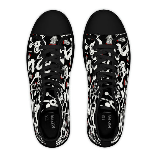 Roll Cut Flop Cornhole™ All Over Print Black, Red & White Women's High Top Sneakers - Steampunk Gorilla Logo with White Gear Print