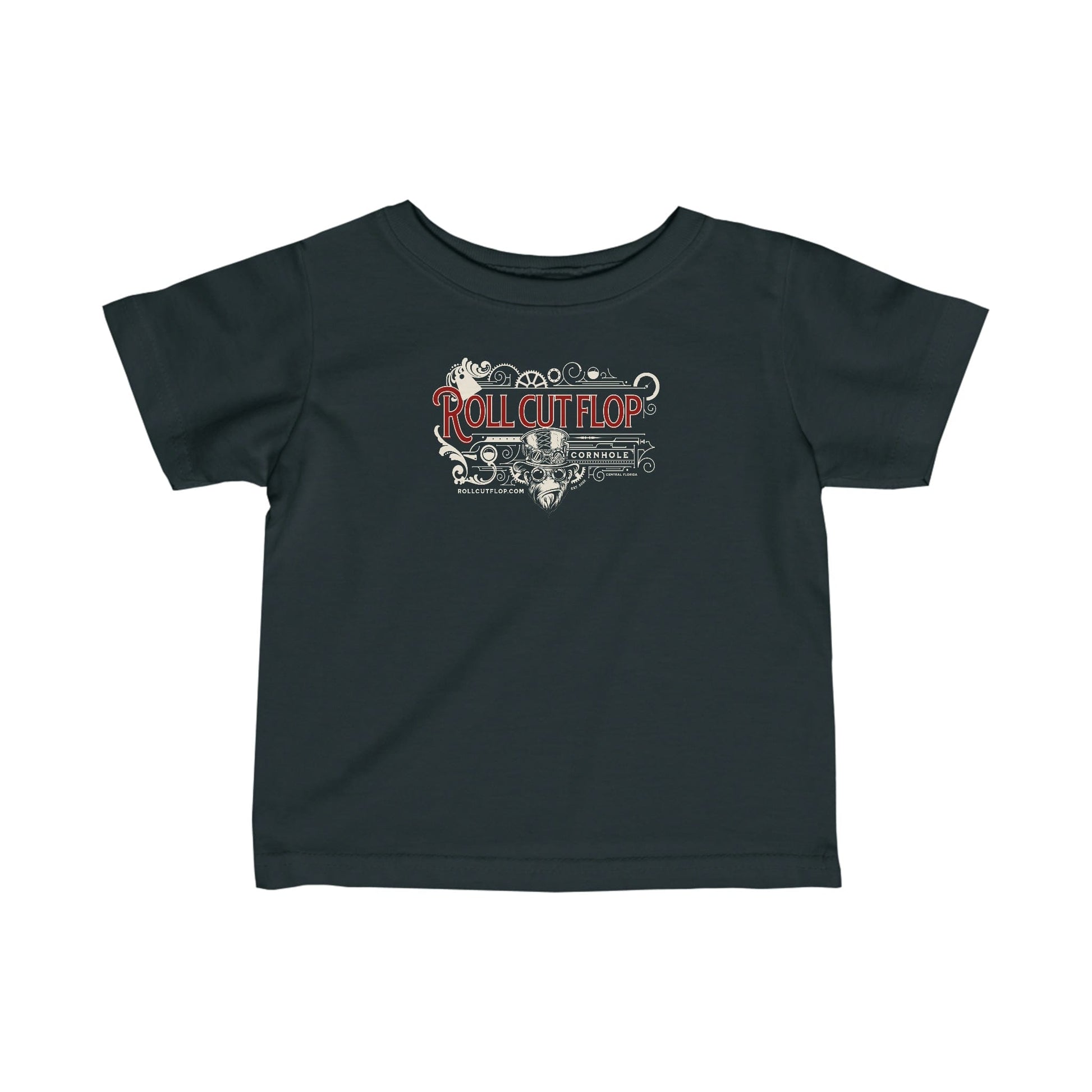 Roll Cut Flop Cornhole™ Little Infant Black T- shirt - Steampunk Vintage Red Scroll - Front