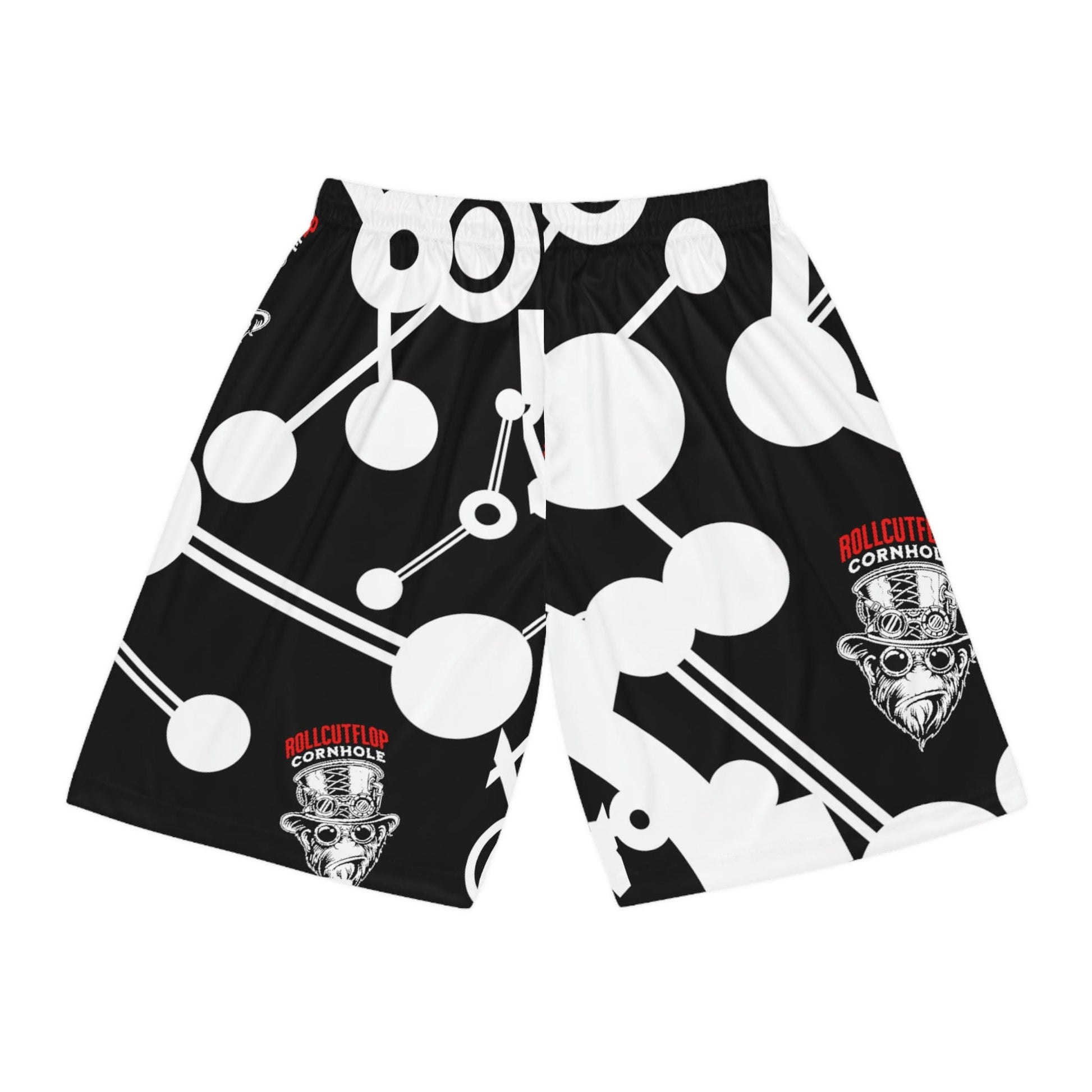 Roll Cut Flop™ All Over Print Black, Red & White Basketball Shorts - Steampunk Gorilla Logo with White Gear Print - Back view