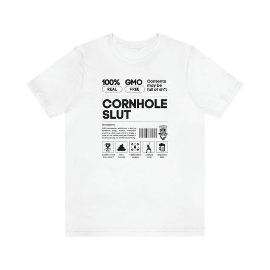 Cornhole Slut Unisex Jersey White Tee -  Cornhole Obsession Label & Roll Cut Flop Cornhole Barcode