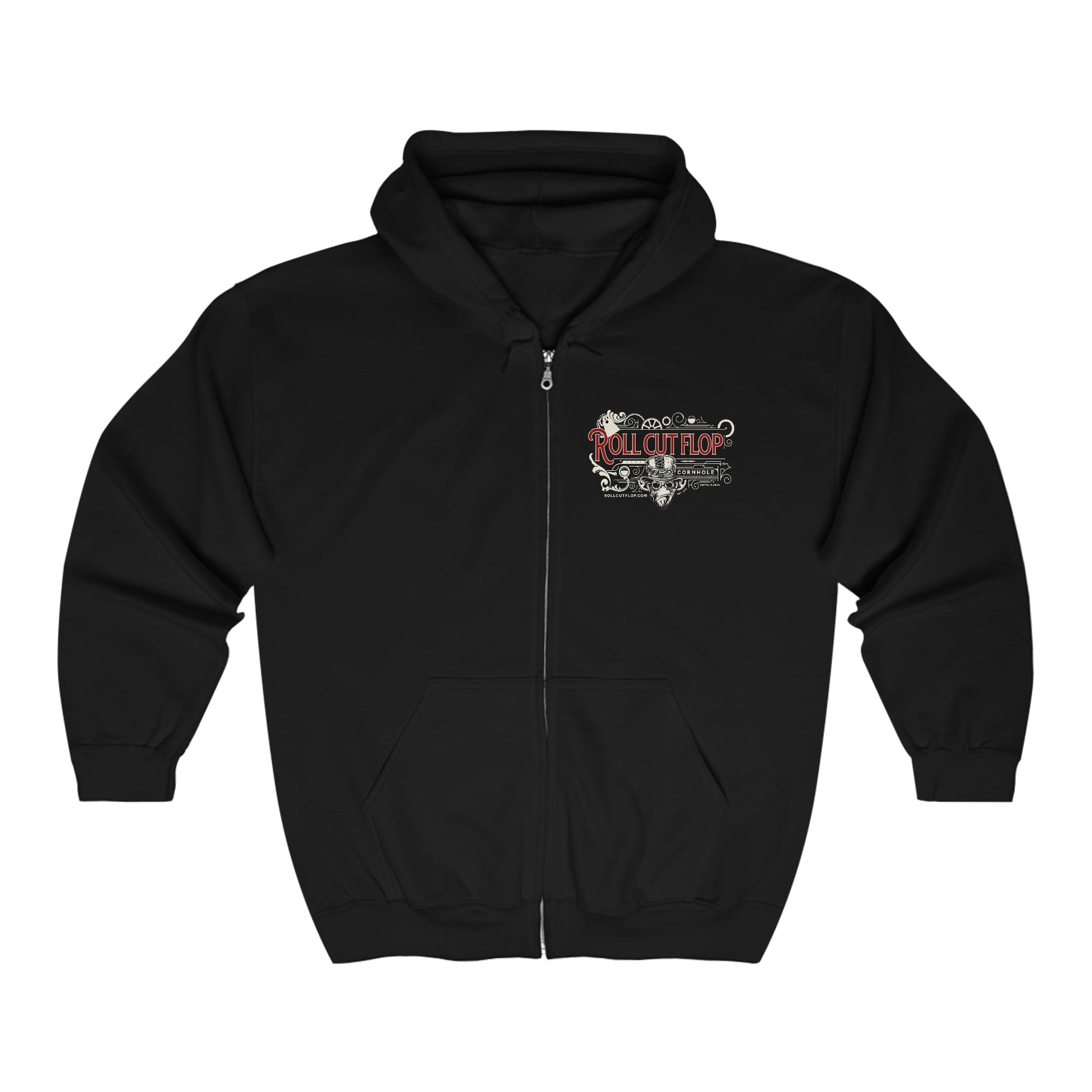 Front View - Roll Cut Flop Cornhole™ Unisex Black Zip-Up Hoodie Sweatshirt - Steampunk Vintage Red Scroll Logo
