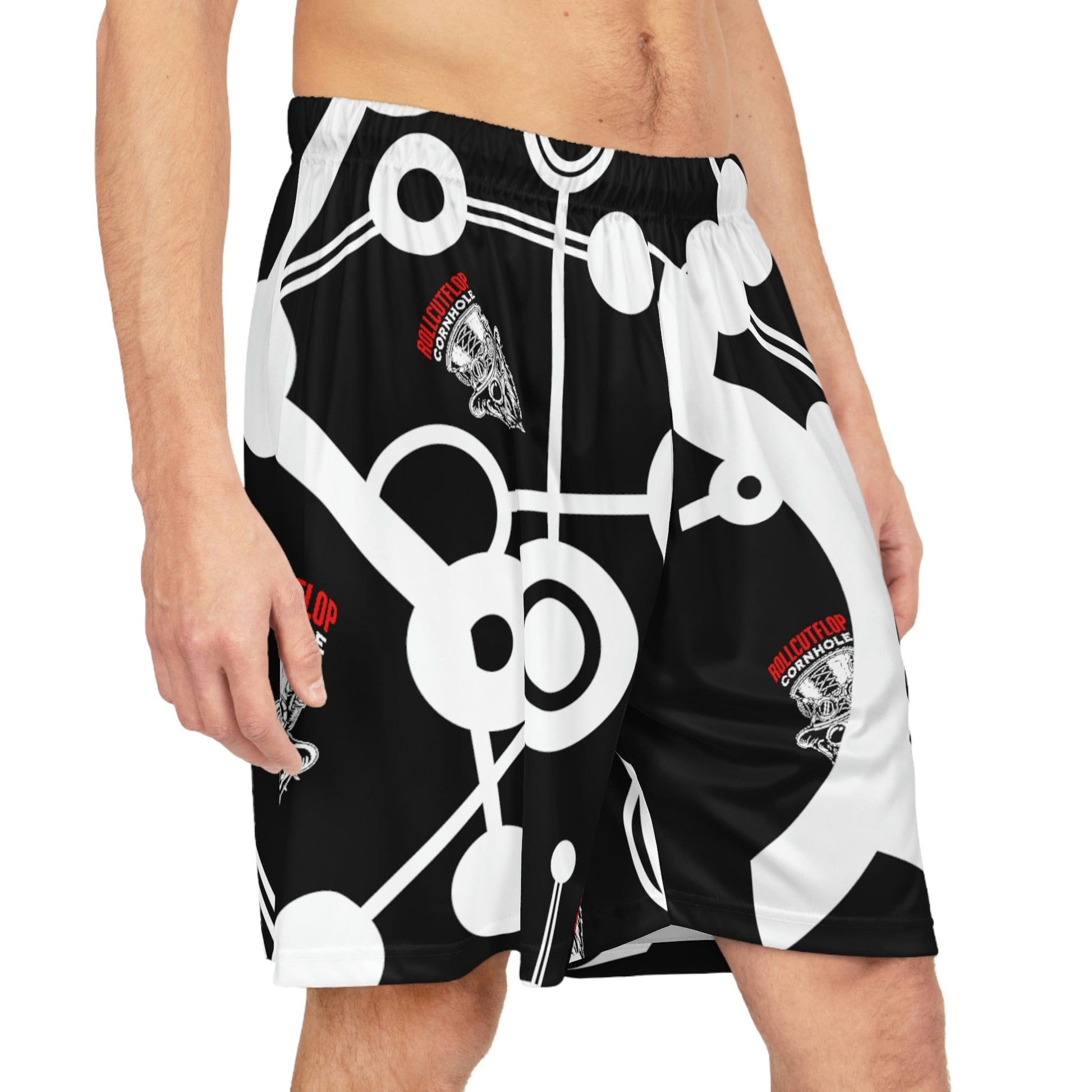 Roll Cut Flop™ All Over Print Black, Red & White Basketball Shorts - Steampunk Gorilla Logo with White Gear Print - Side view