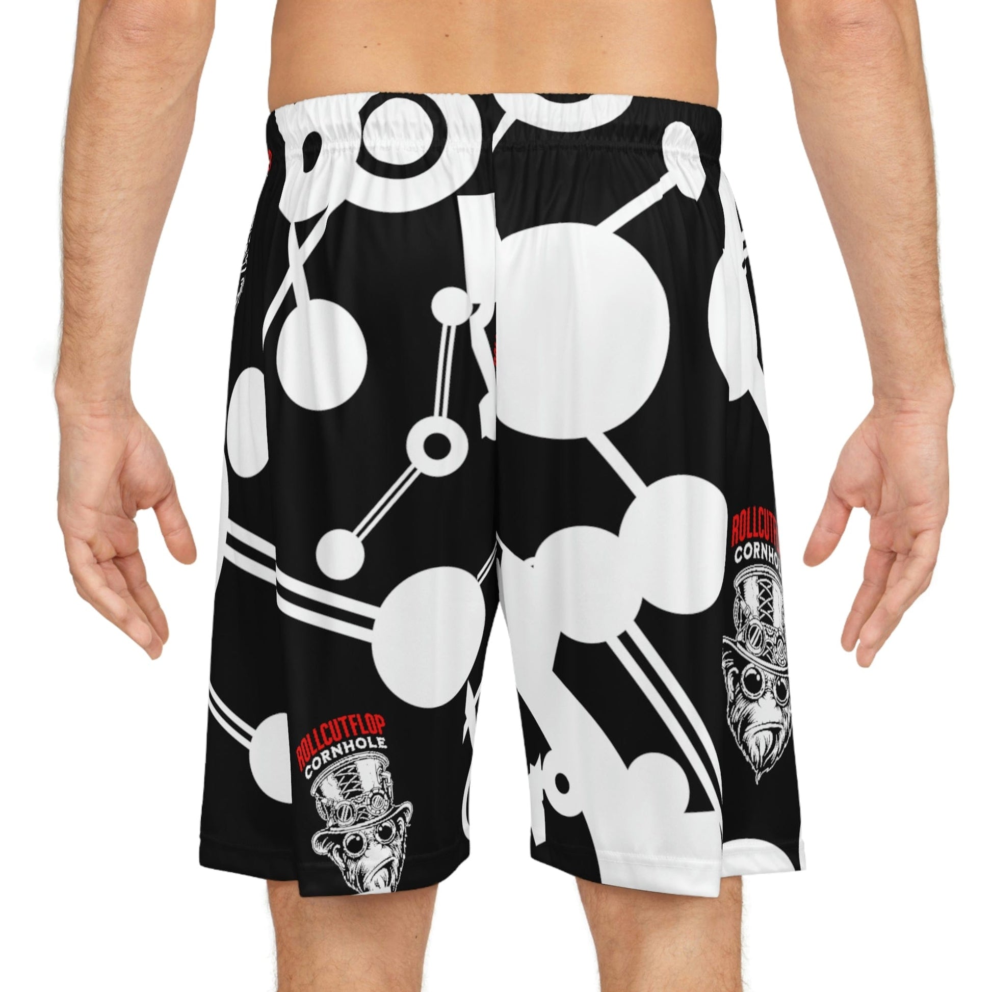 Roll Cut Flop™ All Over Print Black, Red & White Basketball Shorts - Steampunk Gorilla Logo with White Gear Print - Back view on model
