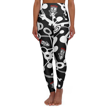 Roll Cut Flop™ All Over Print Black, Red & White High Waisted Skinny Yoga Leggings - Steampunk Gorilla Logo with White Gear Print