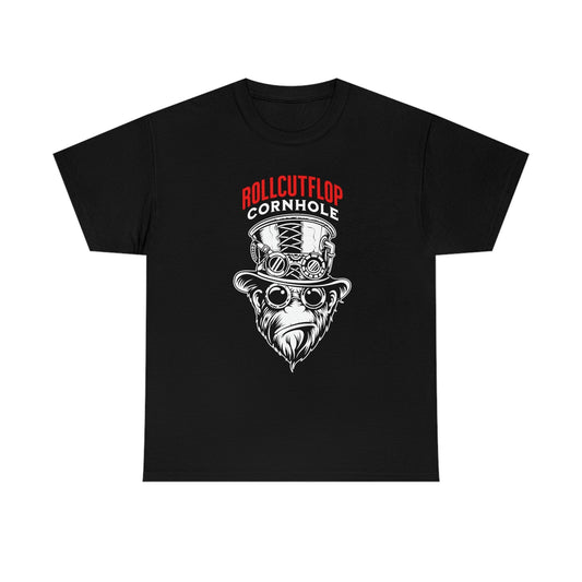 Roll Cut Flop Cornhole™ Unisex Black T-shirt - Steampunk Gorilla Face & Gears (red and white logo)