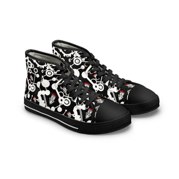 Roll Cut Flop Cornhole™ All Over Print Black, Red & White Women's High Top Sneakers - Steampunk Gorilla Logo with White Gear Print