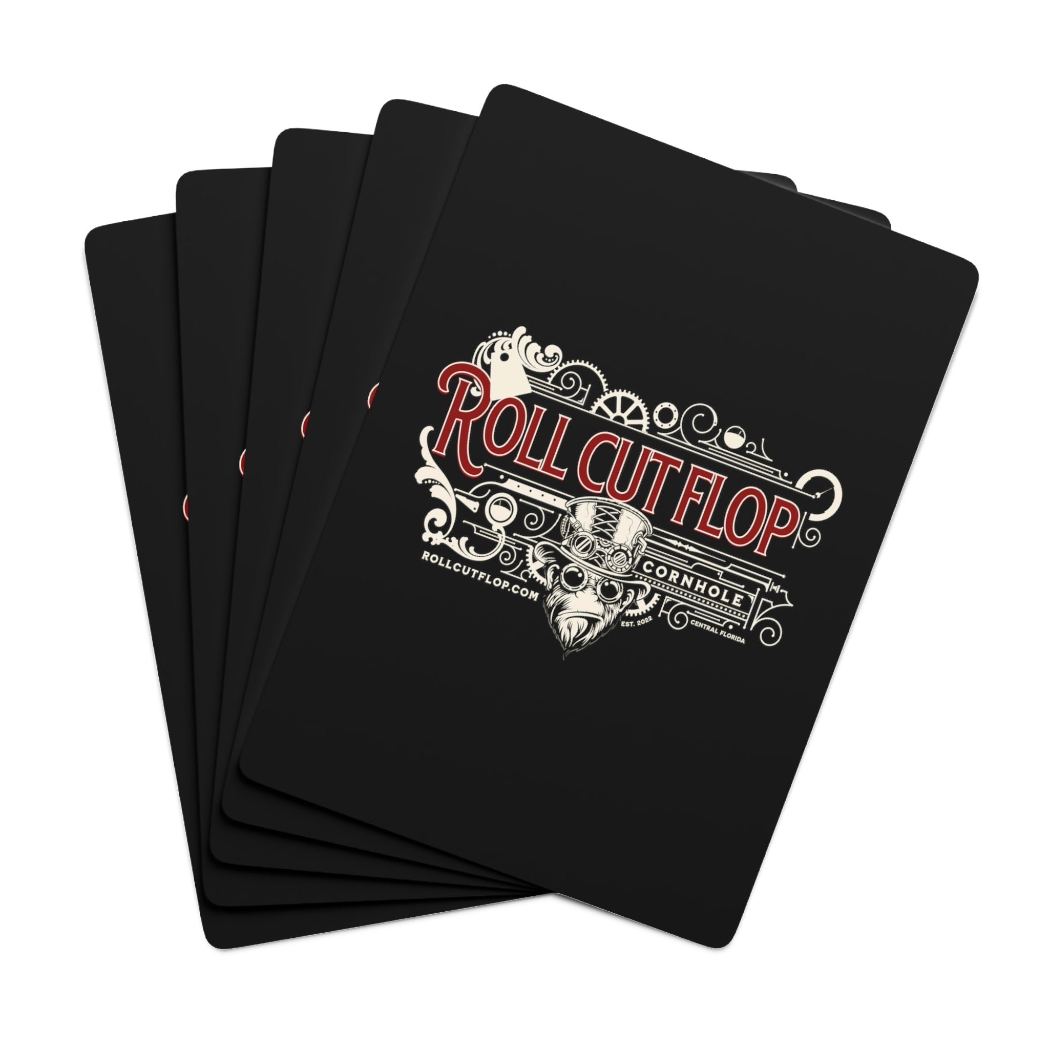 Roll Cut Flop Cornhole™ Custom Playing Cards - Steampunk Red Logo